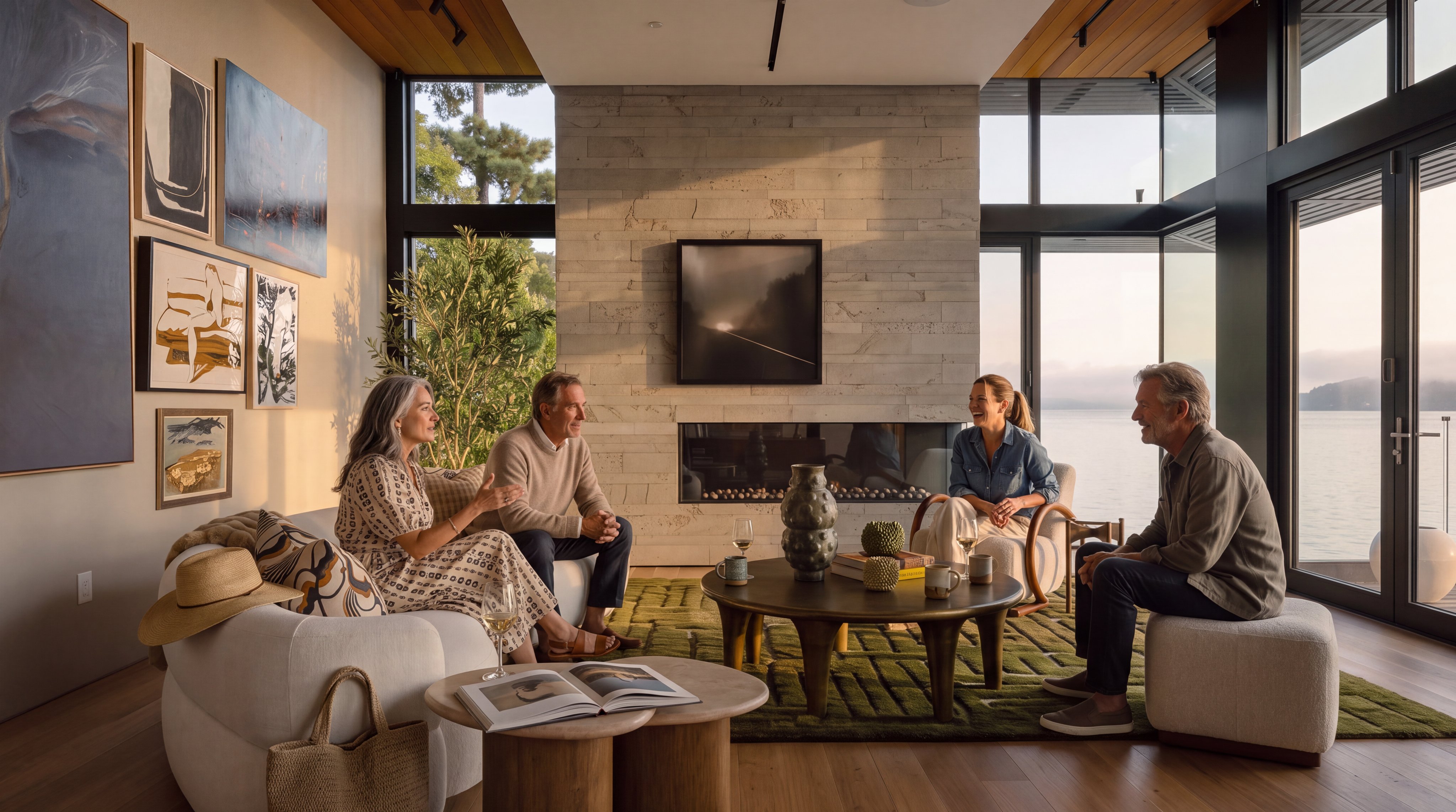 This sophisticated living room features a curved white sofa and a textured green area rug, centered around a stone-clad chimney breast with a built-in fireplace. Large windows provide expansive views of the water, creating a seamless connection between the interior and the natural landscape. The space is decorated with a gallery wall of art and a round coffee table, offering a refined and tranquil atmosphere.