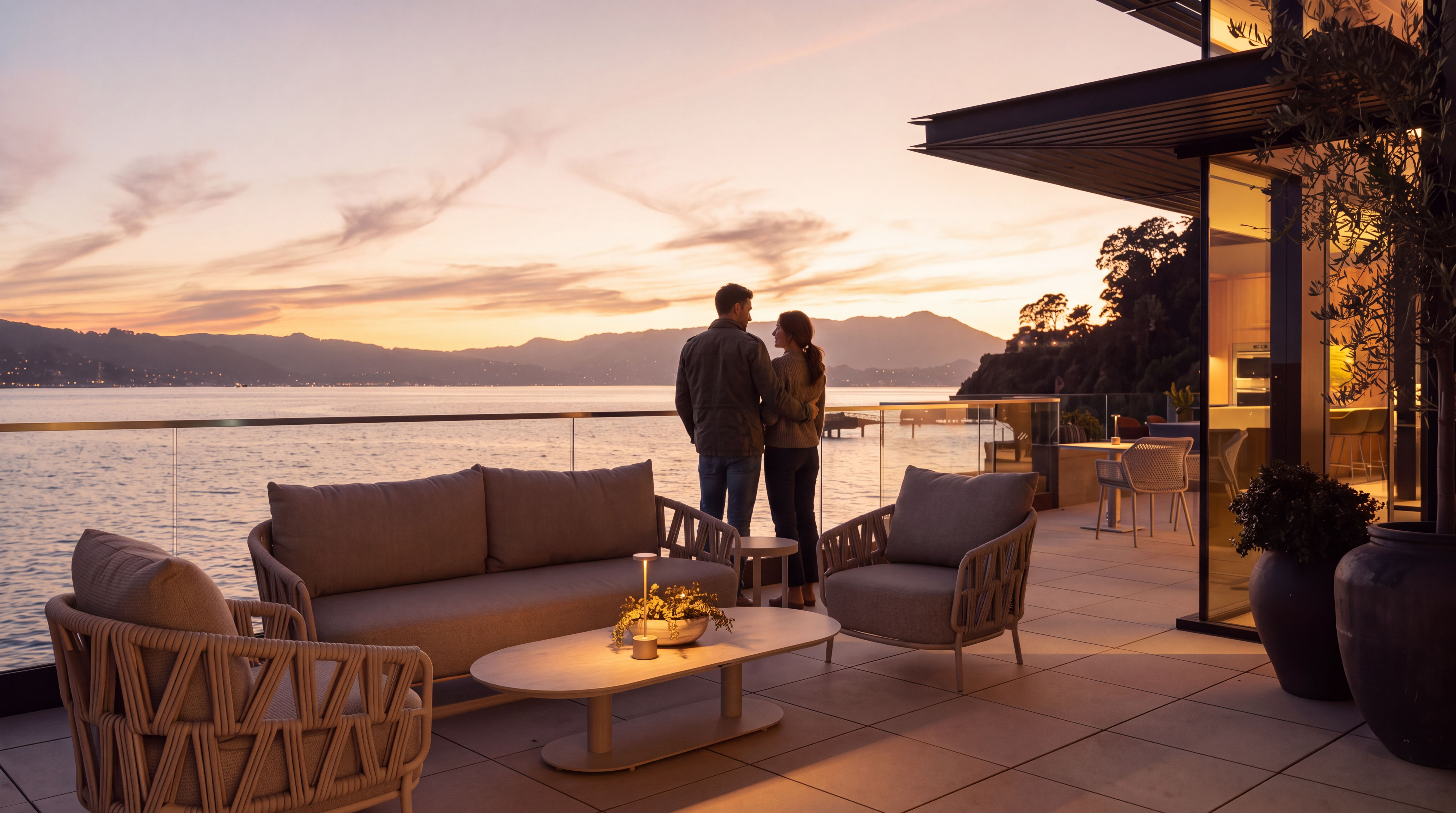 This sophisticated outdoor terrace offers a panoramic view of a tranquil bay at sunset, framed by distant mountains. The space is furnished with modern, woven-style lounge seating arranged around a low, oval coffee table, creating an inviting atmosphere for evening relaxation. Large glass railings ensure an unobstructed connection to the water, while the warm glow of integrated lighting highlights the clean, contemporary design of the deck.