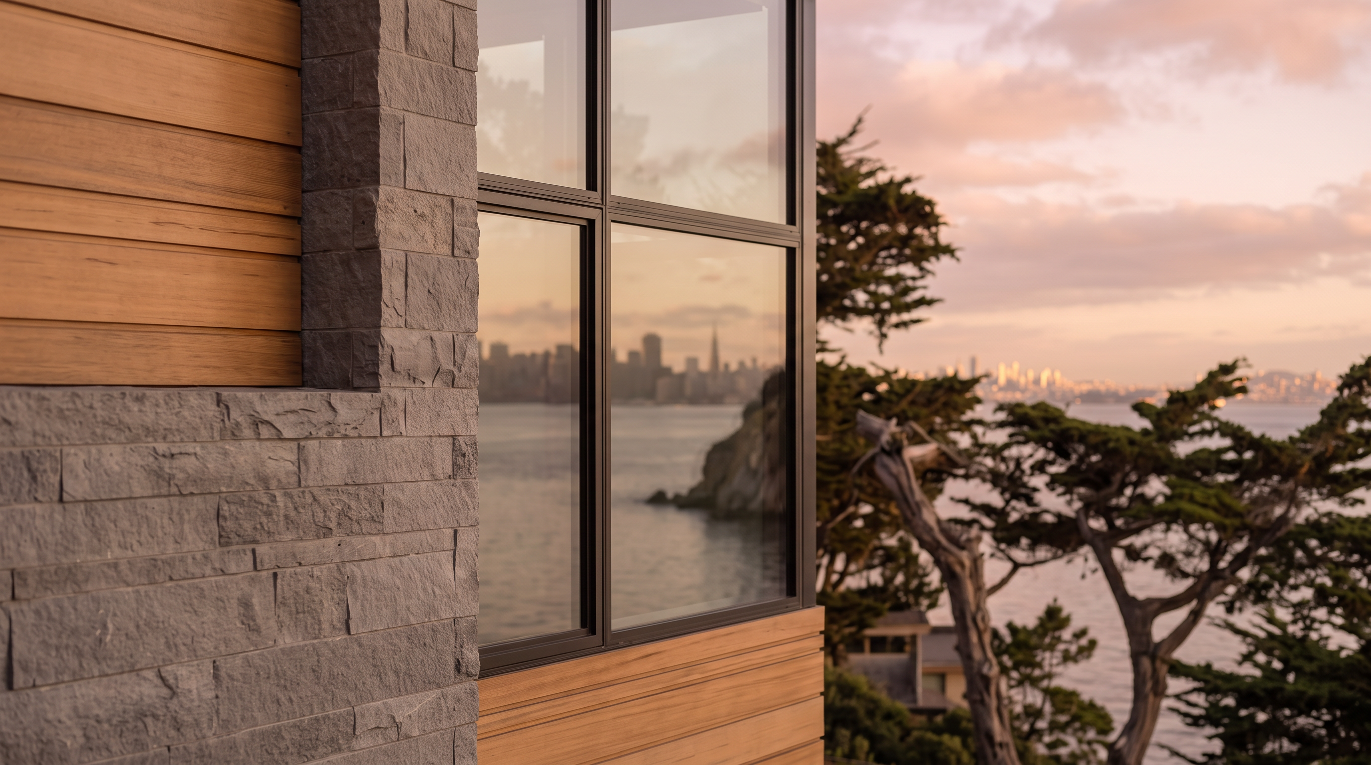 This striking multi-level contemporary residence is perched on a rugged cliffside overlooking a vast bay. The architecture features a sophisticated blend of horizontal wood siding, stone accents, and expansive glass walls that create a seamless indoor-outdoor flow across multiple terraces. A separate, smaller structure extends over the water on stilts, emphasizing the dramatic coastal setting and the home's modern, luxury aesthetic.