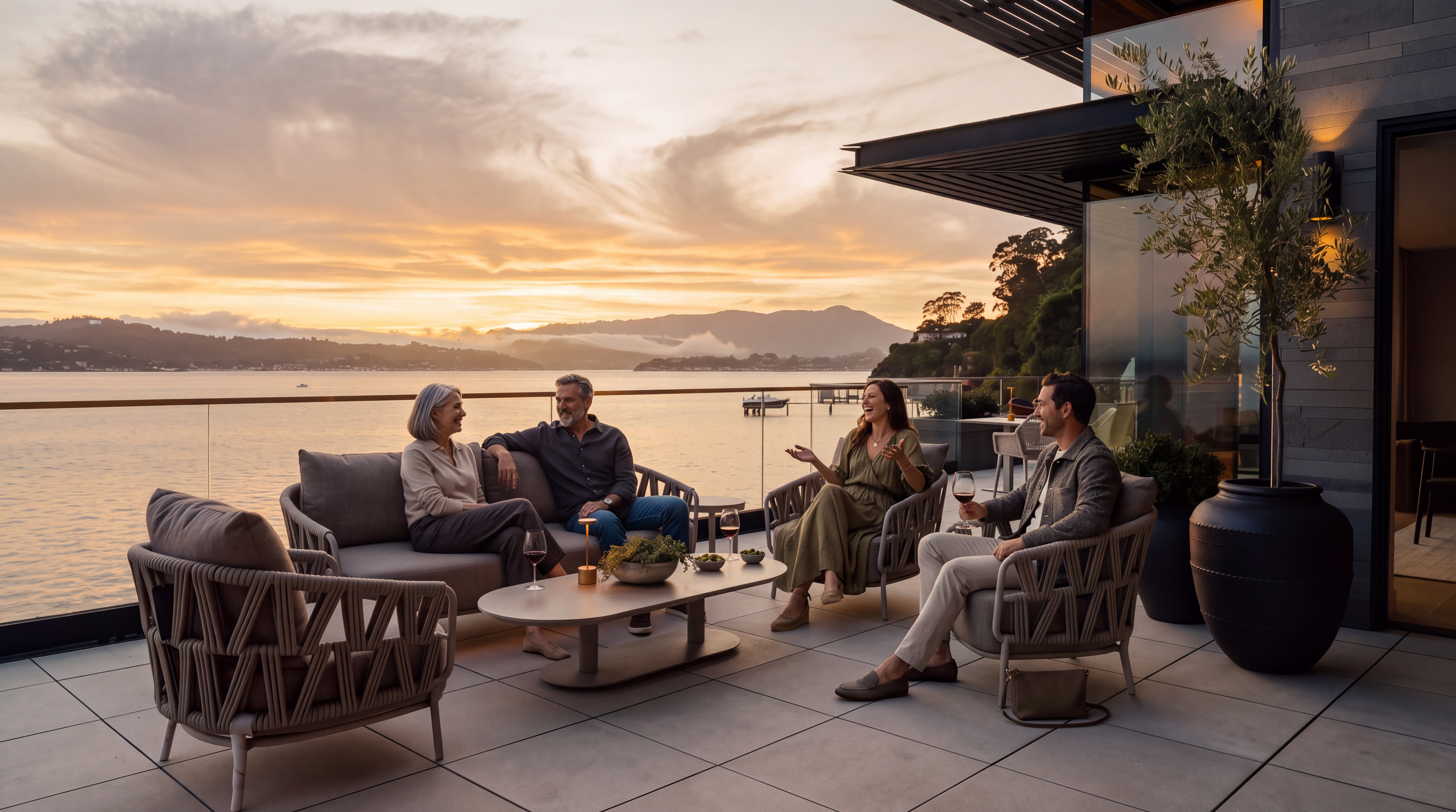 This luxurious outdoor terrace offers a panoramic view of a tranquil bay at sunset, framed by a sleek glass railing. The space is furnished with contemporary, woven-textured lounge seating and a low-profile coffee table, creating an inviting atmosphere for relaxation. The scene is captured from a slightly elevated perspective, emphasizing the seamless transition between the modern architectural structure and the expansive waterfront horizon.