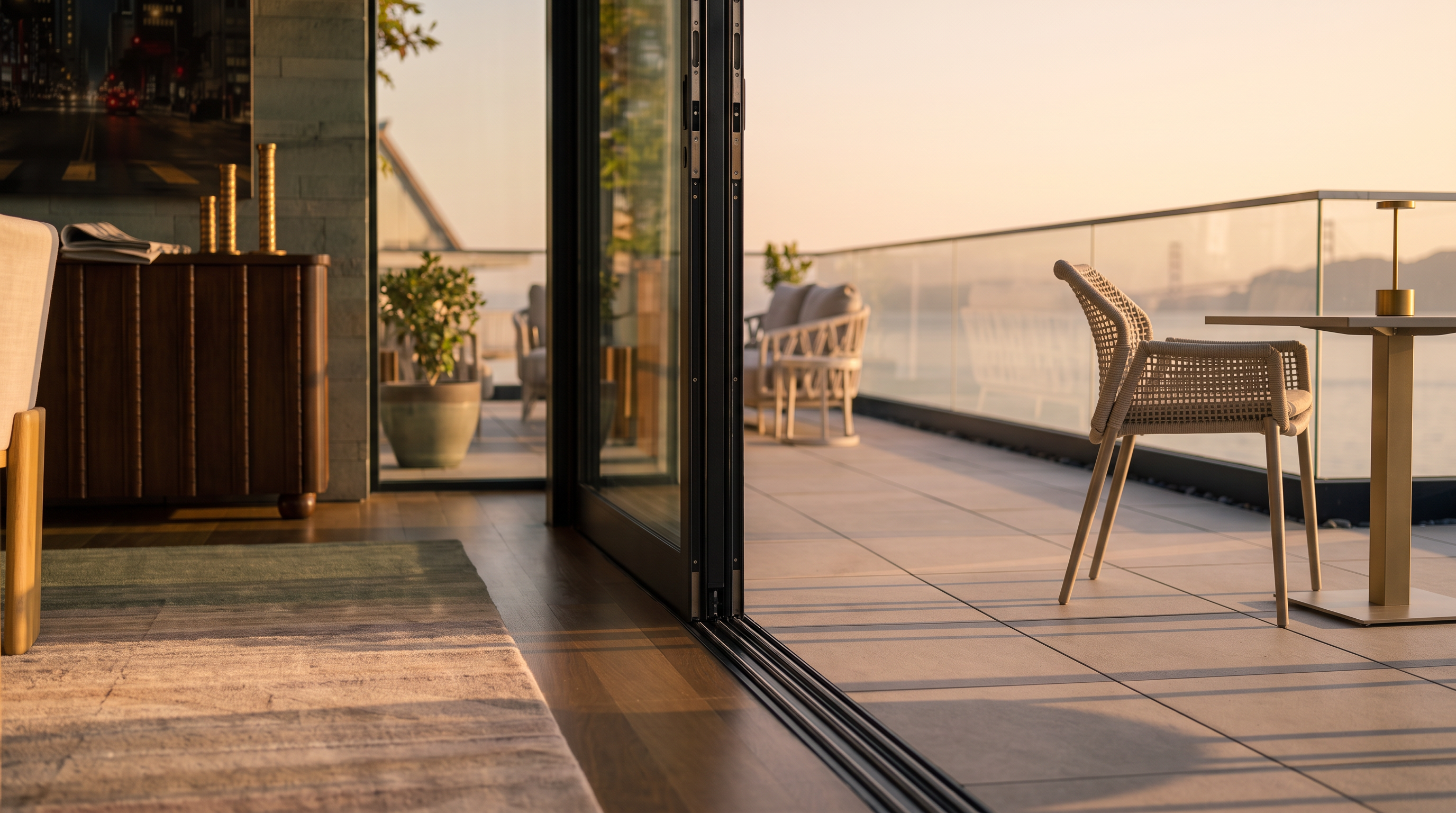 This image captures a seamless transition between a modern indoor dining area and a spacious outdoor balcony overlooking a bay with a distant bridge. The balcony features contemporary woven furniture, a small bistro table, and a glass railing that maximizes the expansive water views. Large sliding glass doors open fully to connect the interior space, which is decorated with light wood furniture and a large piece of wall art, to the outdoor living area.