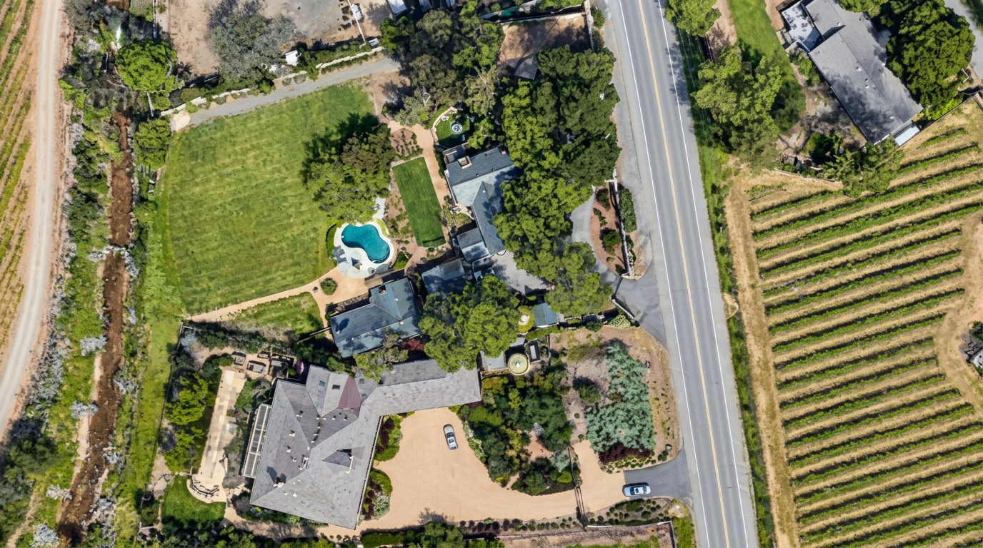 This aerial view captures a spacious, luxurious estate nestled in a scenic, rural landscape. The property features a sprawling main residence with a slate-colored roof, a large pristine swimming pool, and manicured green lawns, all bordered by extensive vineyards. A winding driveway connects the home to the adjacent road, presenting an impression of exclusivity, tranquility, and refined country living.