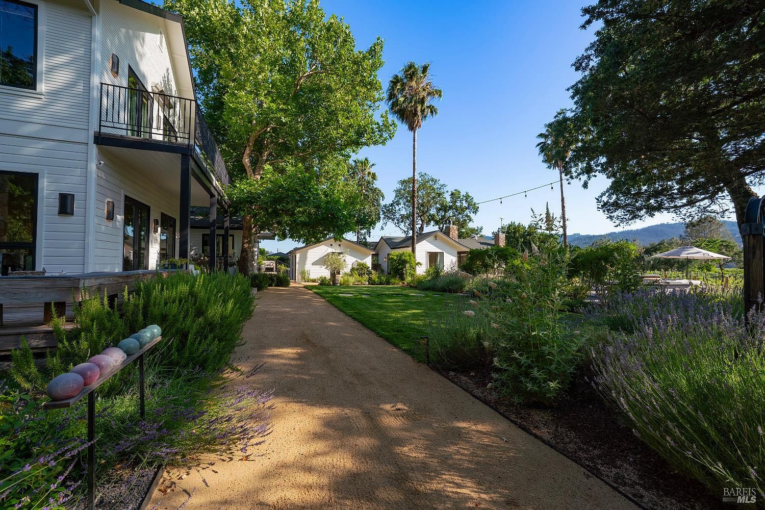 This serene outdoor space features a gravel pathway leading through a lush, manicured lawn flanked by vibrant lavender and mature trees. The perspective captures the side of a modern white farmhouse with a balcony, looking toward additional outbuildings under a clear blue sky. The scene evokes a peaceful, high-end rural estate atmosphere perfect for relaxation or outdoor entertaining.