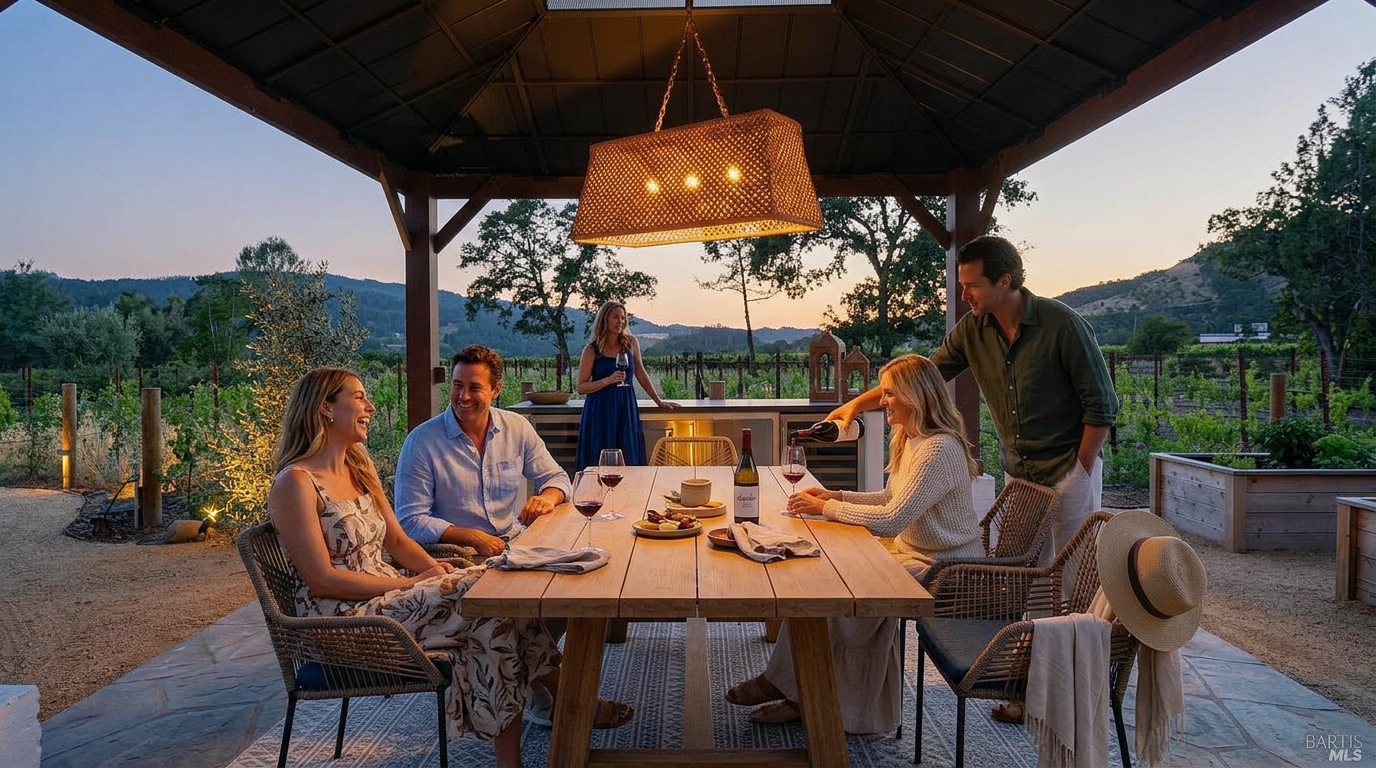 This outdoor patio features a covered dining area beneath a pergola, complete with a natural wood table, stylish wicker chairs, and elegant pendant lighting. The space offers a relaxed alfresco dining experience with a scenic view of a vineyard, creating an inviting and luxurious atmosphere for entertaining.