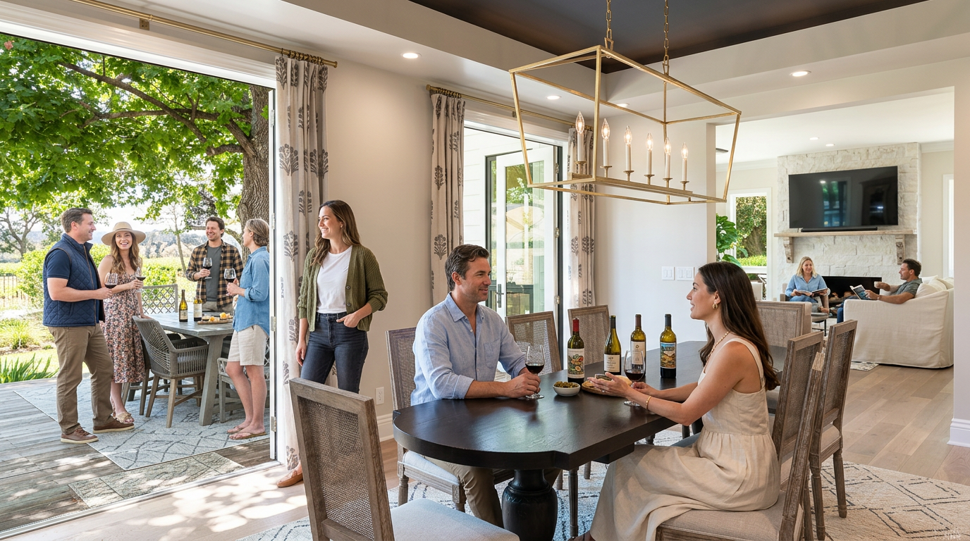 This bright and inviting dining room features an open-concept layout that seamlessly connects to a spacious outdoor patio, ideal for entertaining. The space includes a modern chandelier and a large, dark wood table, with an adjacent living area visible in the background, creating a cohesive and airy atmosphere.