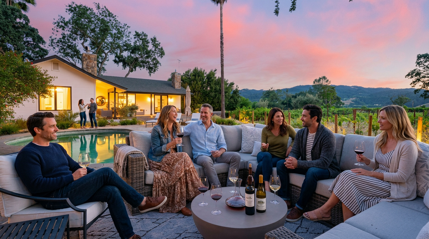 This outdoor living space features a spacious patio furnished with a plush modular sectional sofa, surrounding a central table with wine and glassware. The inviting area overlooks a tranquil swimming pool, with a beautifully landscaped yard and scenic rolling hills in the background under a stunning sunset. The combination of cozy seating, ambient lighting, and elegant architecture creates an ideal setting for relaxed social gatherings at home.