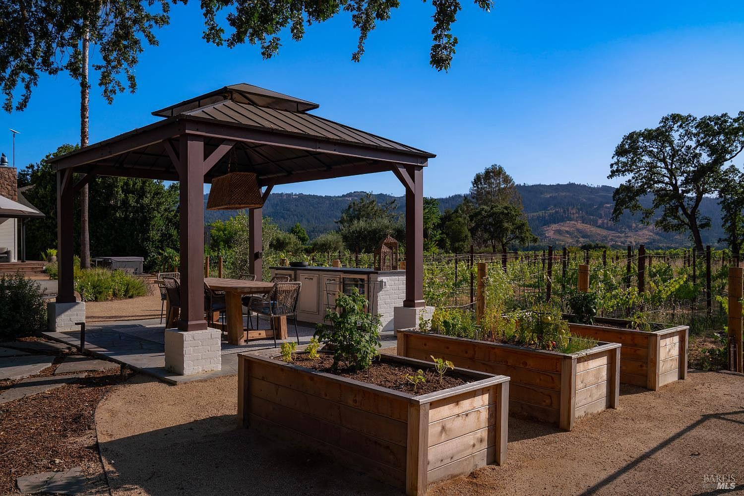 This picturesque outdoor living space features a covered gazebo with a dining area and built-in kitchen, set against a backdrop of rolling hills and a vineyard. In the foreground, raised wooden garden beds are filled with fresh plants, creating a charming and functional landscape design. The scene captures a serene, sun-drenched atmosphere perfect for entertaining or relaxing in a rural estate setting.