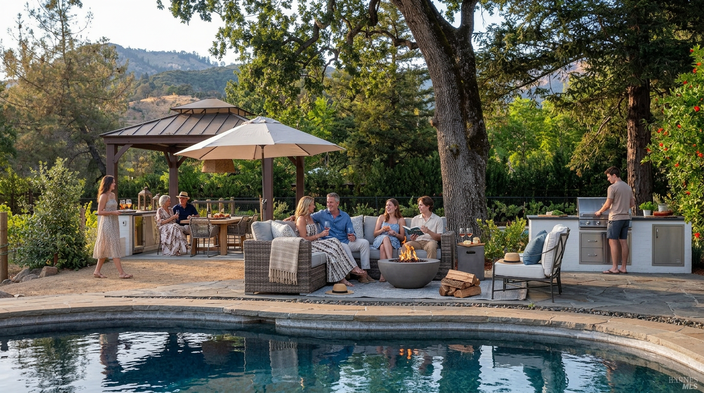 This elegant outdoor living space features a custom in-ground swimming pool overlooking a scenic backyard with lush greenery and mountains in the distance. The patio includes a comfortable lounge area with a central fire pit, an integrated outdoor kitchen, and a covered gazebo dining space. It offers a sophisticated, resort-style atmosphere ideal for entertaining and relaxation.