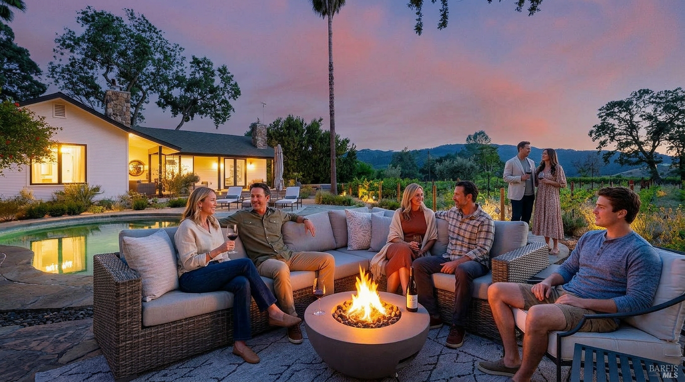 This serene outdoor patio is designed for luxury entertaining, featuring a contemporary curved fire pit as the centerpiece surrounded by comfortable wicker furniture. The space overlooks a beautifully illuminated pool and landscaped grounds, creating an inviting atmosphere enhanced by the sunset backdrop. This area is ideal for hosting social gatherings and enjoying the tranquil, resort-like lifestyle of the property.