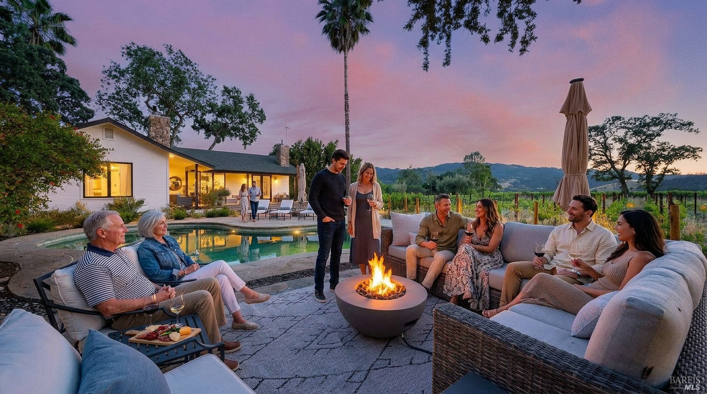 This stunning outdoor living space features a stylish stone-topped fire pit surrounded by comfortable wicker lounge seating, perfect for entertaining. The patio overlooks a sparkling swimming pool and opens to a scenic vineyard landscape under a vibrant sunset sky. It is an ideal setting for guests to enjoy wine and conversation in a sophisticated, tranquil environment.