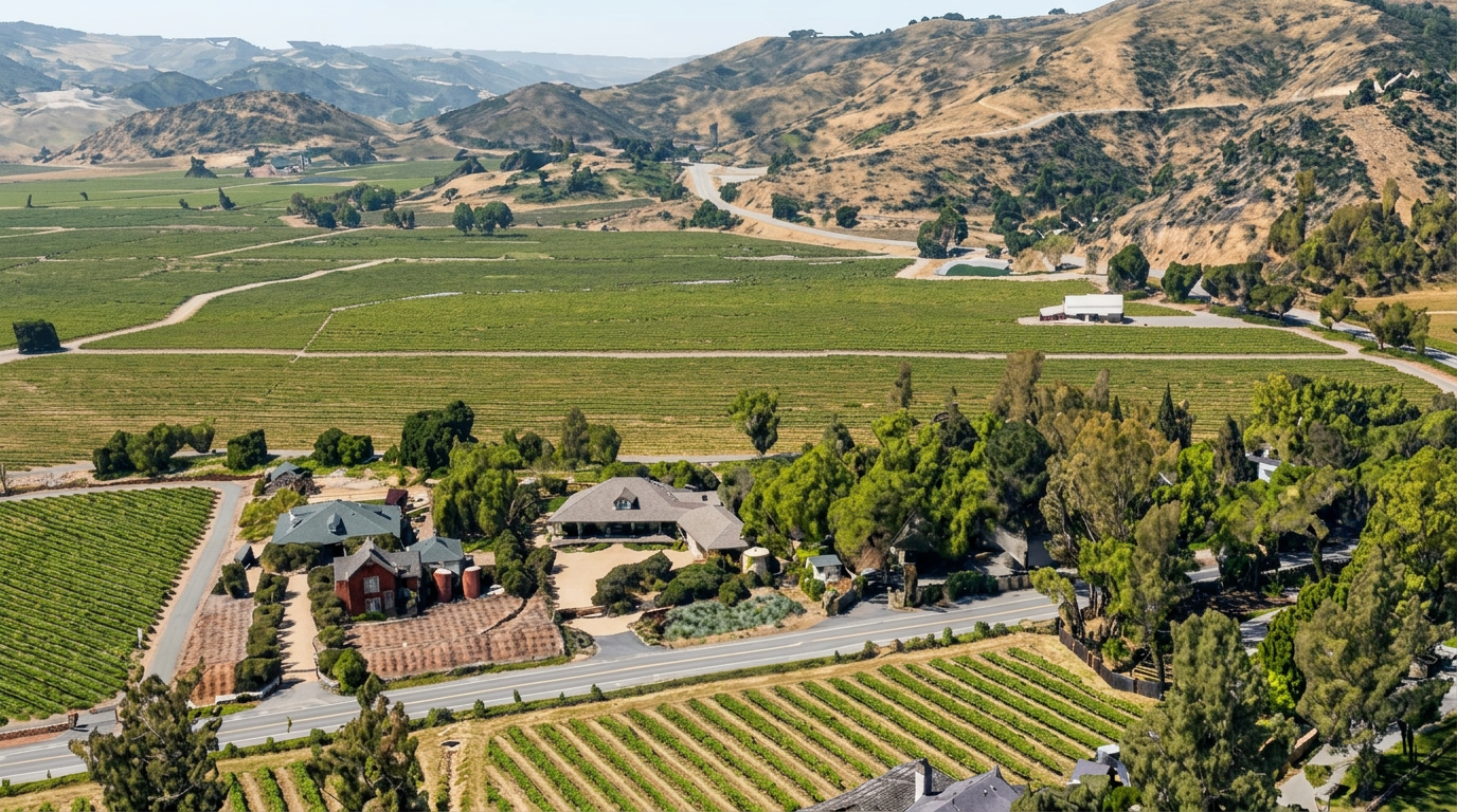 This aerial view showcases a sprawling vineyard estate nestled among rolling, arid hills. The property features a cluster of residence buildings surrounded by lush trees, extensive orderly grapevine rows, and a rural road winding through the landscape. The overall impression is one of seclusion and luxury within a picturesque, high-end viticultural setting.