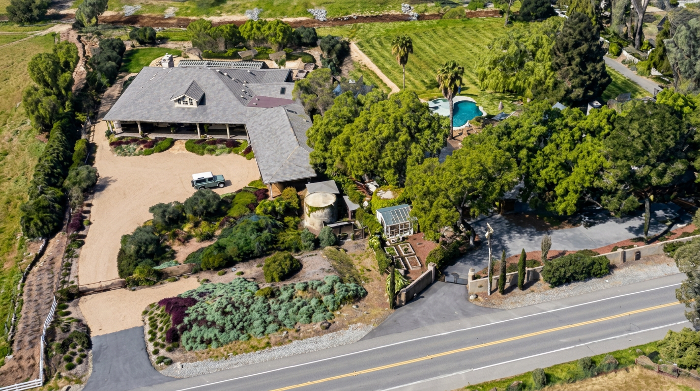 This is an expansive aerial view of a property featuring a sprawling single-story residential home with a large, grey-tiled roof and an integrated garage area. The estate includes a swimming pool, a greenhouse, mature trees, and extensive, well-landscaped grounds that provide significant privacy. The property is conveniently situated with a circular driveway and direct access from a paved road, lending it a secluded yet accessible estate-like feel.