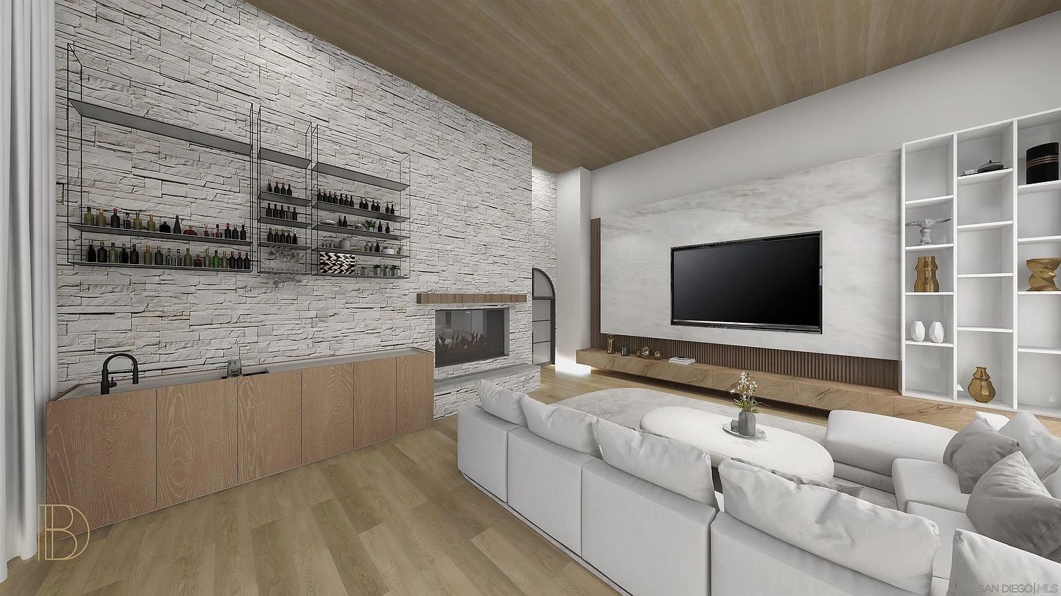 This is a modern living room featuring a white brick wall with built-in shelving and a fireplace. A large, comfortable white sectional sofa sits on a light wood floor, facing a wall-mounted television and a built-in white shelving unit. The room has a minimalist and sophisticated aesthetic, perfect for relaxation and entertainment.