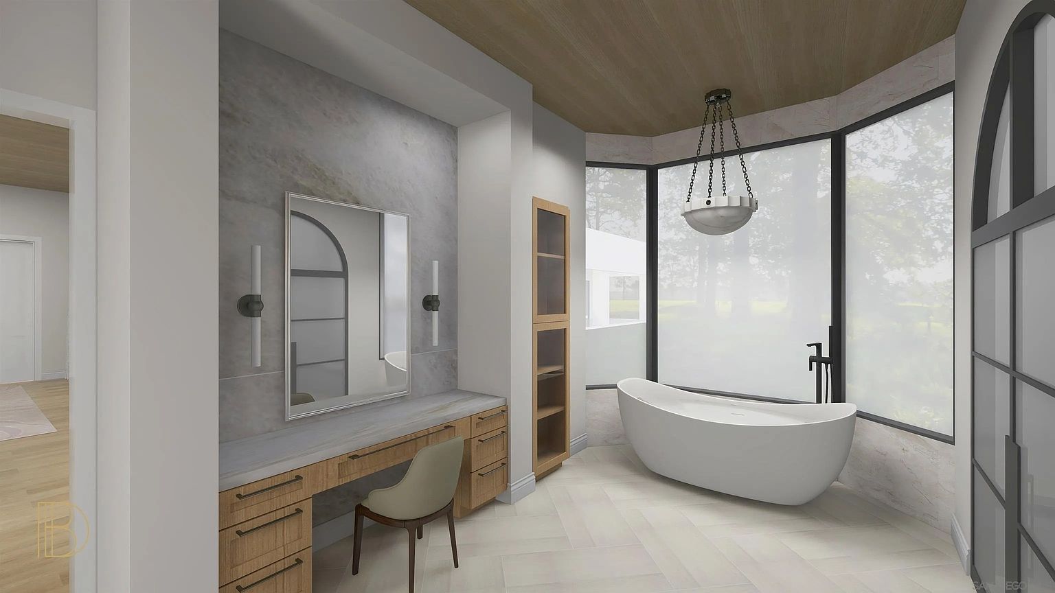 This is a luxurious primary bathroom featuring a freestanding bathtub positioned in front of a large window offering natural light. The room includes a vanity area with a mirror and sconces, complemented by a neutral color palette and modern fixtures. The overall impression is one of elegance and relaxation.