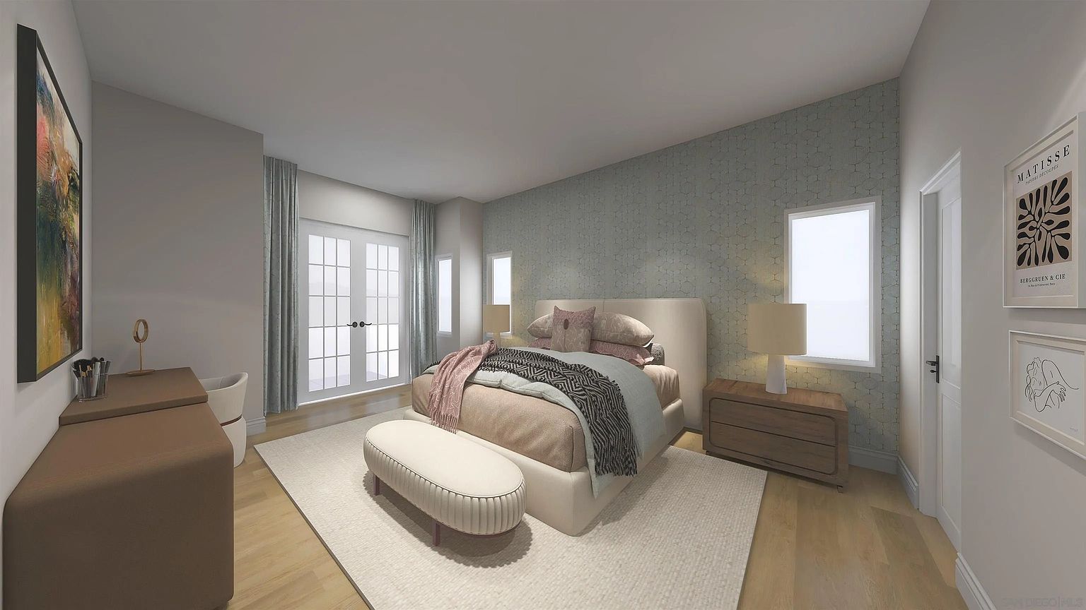 This is a beautifully staged primary bedroom featuring a large bed with neutral linens and decorative pillows. The room has a calming color palette with light blue patterned wallpaper on one wall and light gray paint on the others. Natural light streams in through the windows, and the room is furnished with a nightstand, a vanity, and a bench at the foot of the bed, creating a serene and inviting atmosphere.