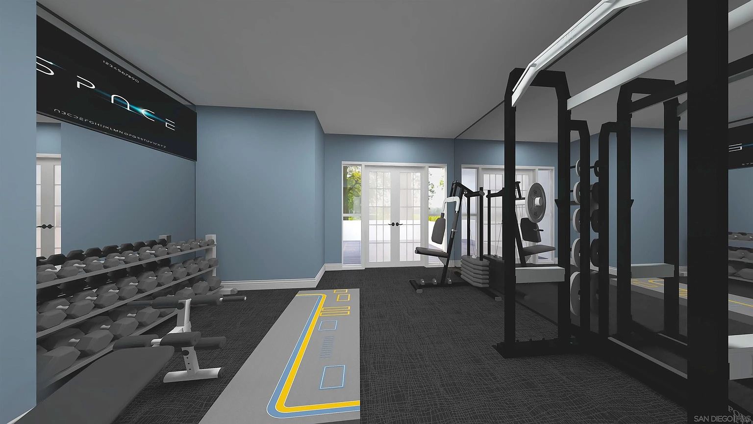 This is a well-equipped home gym featuring a weight rack with dumbbells, a weight machine, and a mirrored wall. The room has blue walls and dark carpeting, creating a dedicated fitness space. Natural light enters through the glass doors, enhancing the workout environment.