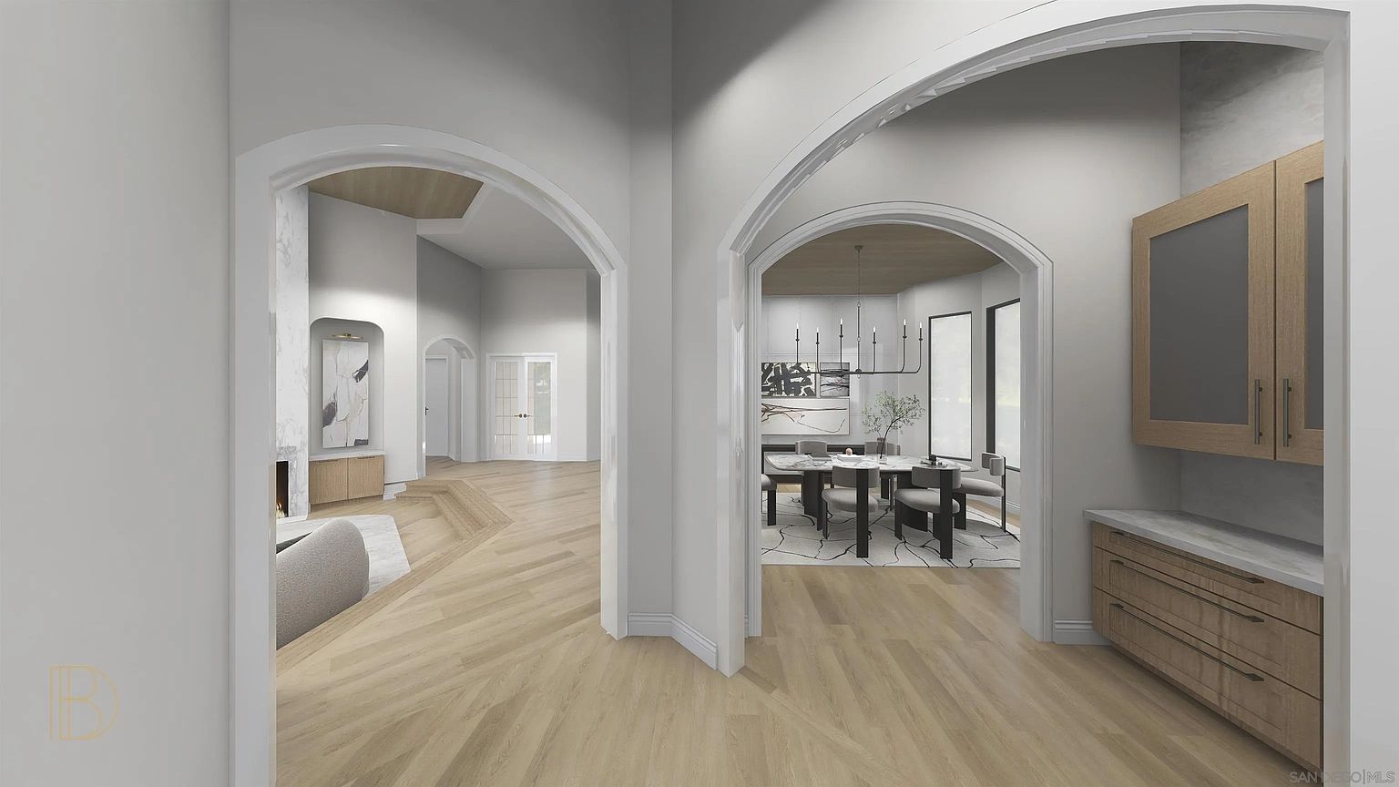 This interior shot showcases a hallway with arched doorways leading to different rooms. The flooring is light wood in a herringbone pattern, and the walls are painted in a neutral tone. The view through the arches reveals a dining area and a living space, creating a sense of flow and spaciousness.
