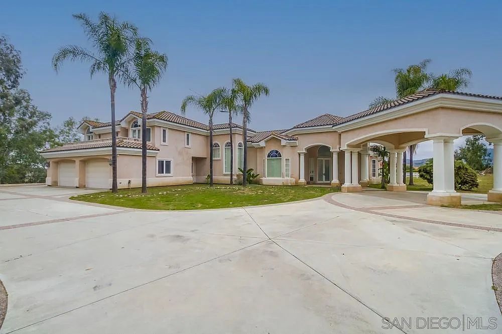 This is a front exterior view of a large, luxurious house. The house features a grand entrance with columns, a porte-cochère, and a spacious driveway. Palm trees adorn the front yard, adding to the property's curb appeal and upscale aesthetic. The overall impression is one of elegance and grandeur.