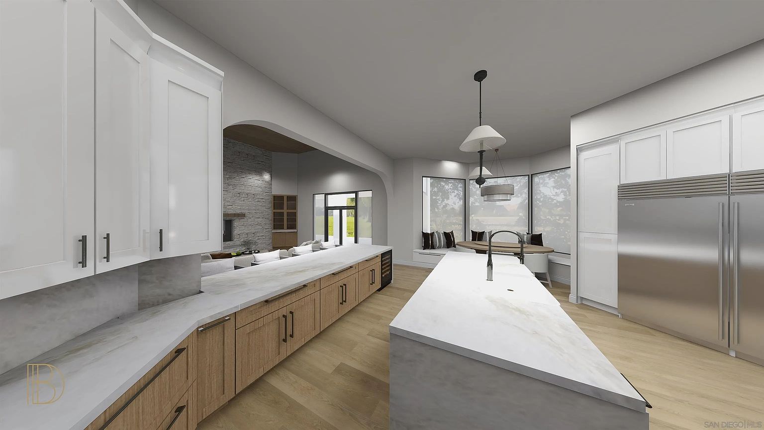 This is a bright and modern kitchen featuring a large island with a white countertop and light wood cabinets. The kitchen also includes white upper cabinets, stainless steel appliances, and a dining area with a window seat. The open floor plan connects the kitchen to a living area, creating a spacious and inviting atmosphere.