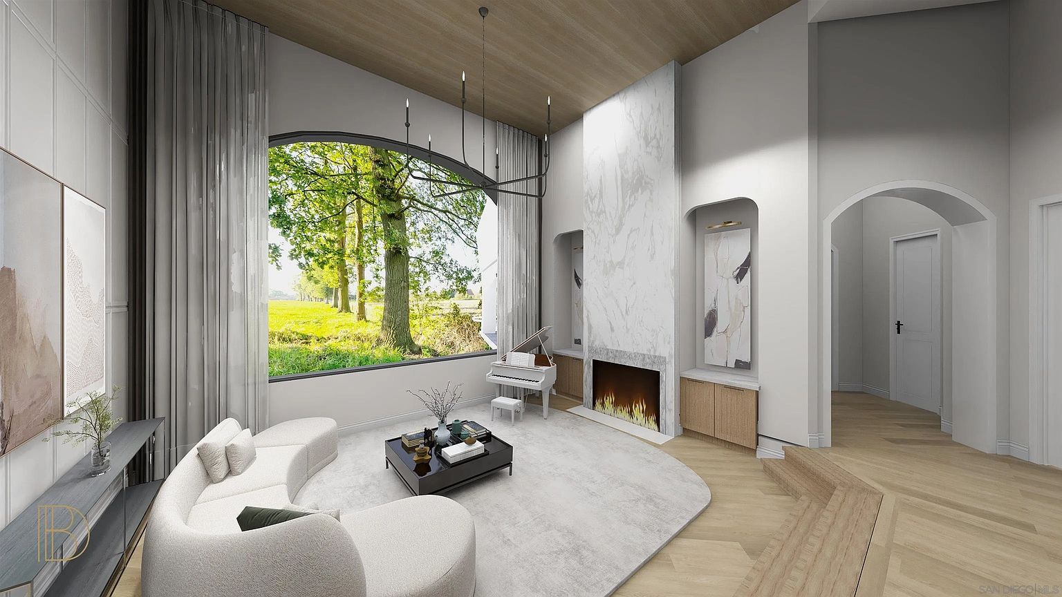 This is a spacious and elegant living room featuring a curved white sofa, a modern fireplace with a marble surround, and a grand piano. A large arched window provides ample natural light and a view of the outdoors. The room is decorated in a neutral color palette, creating a sophisticated and inviting atmosphere.