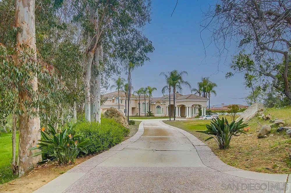 This is a front view of a large, luxurious estate. The long driveway leads to the grand entrance, framed by columns and surrounded by well-manicured lawns and mature trees. The architecture is elegant and inviting, suggesting a high-end property with ample space and privacy.