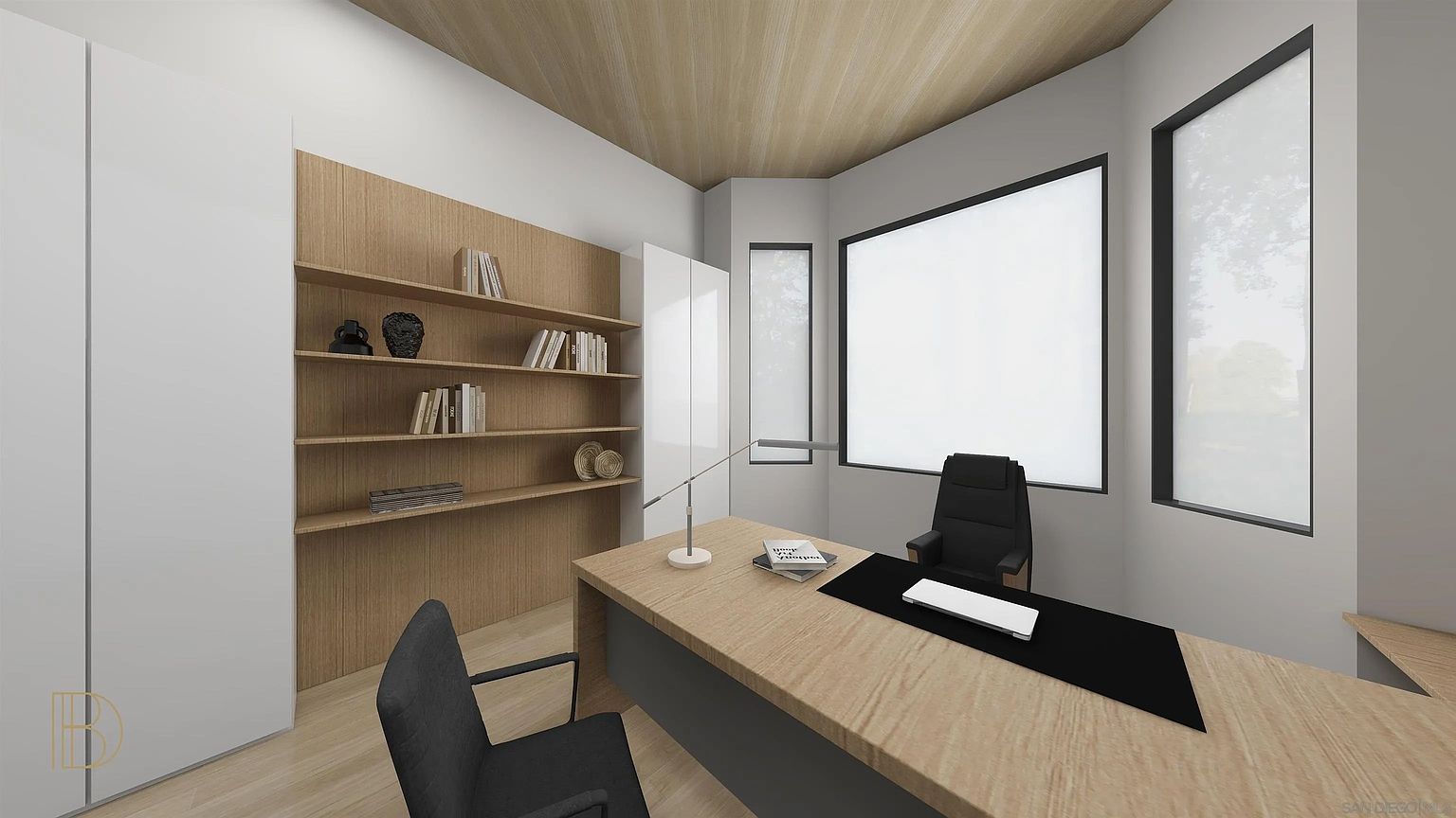 This is an interior shot of a modern office space. The room features a large wooden desk with a black desk pad, a black office chair, and a gray guest chair. A built-in bookshelf with wooden shelves and a light wood backing is filled with books and decorative items, while a large window provides natural light. The overall aesthetic is clean, minimalist, and professional.
