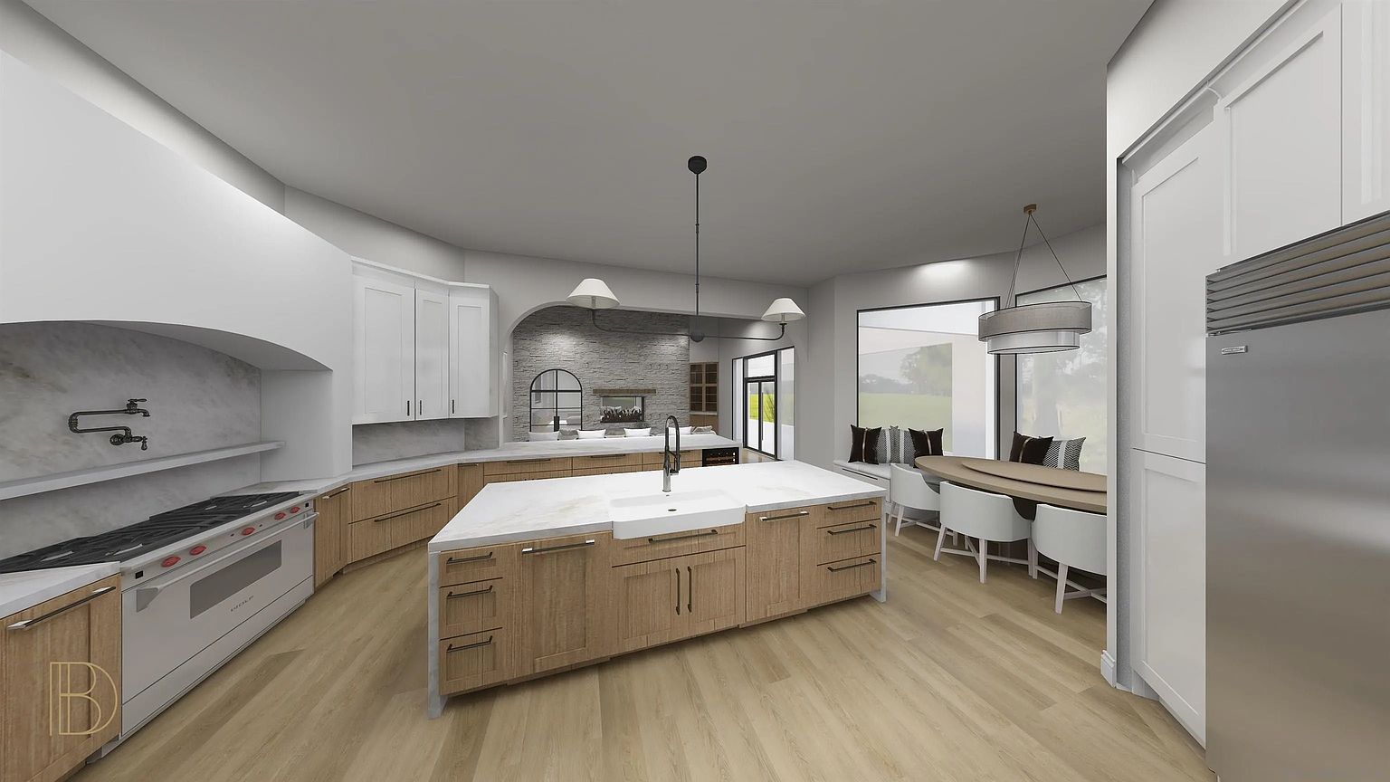 This is a spacious, modern kitchen featuring a large island with a white countertop and wooden cabinetry. The kitchen includes stainless steel appliances, white upper cabinets, and a unique arched design over the stove area. Natural light floods the space, highlighting the light wood flooring and creating a warm, inviting atmosphere.