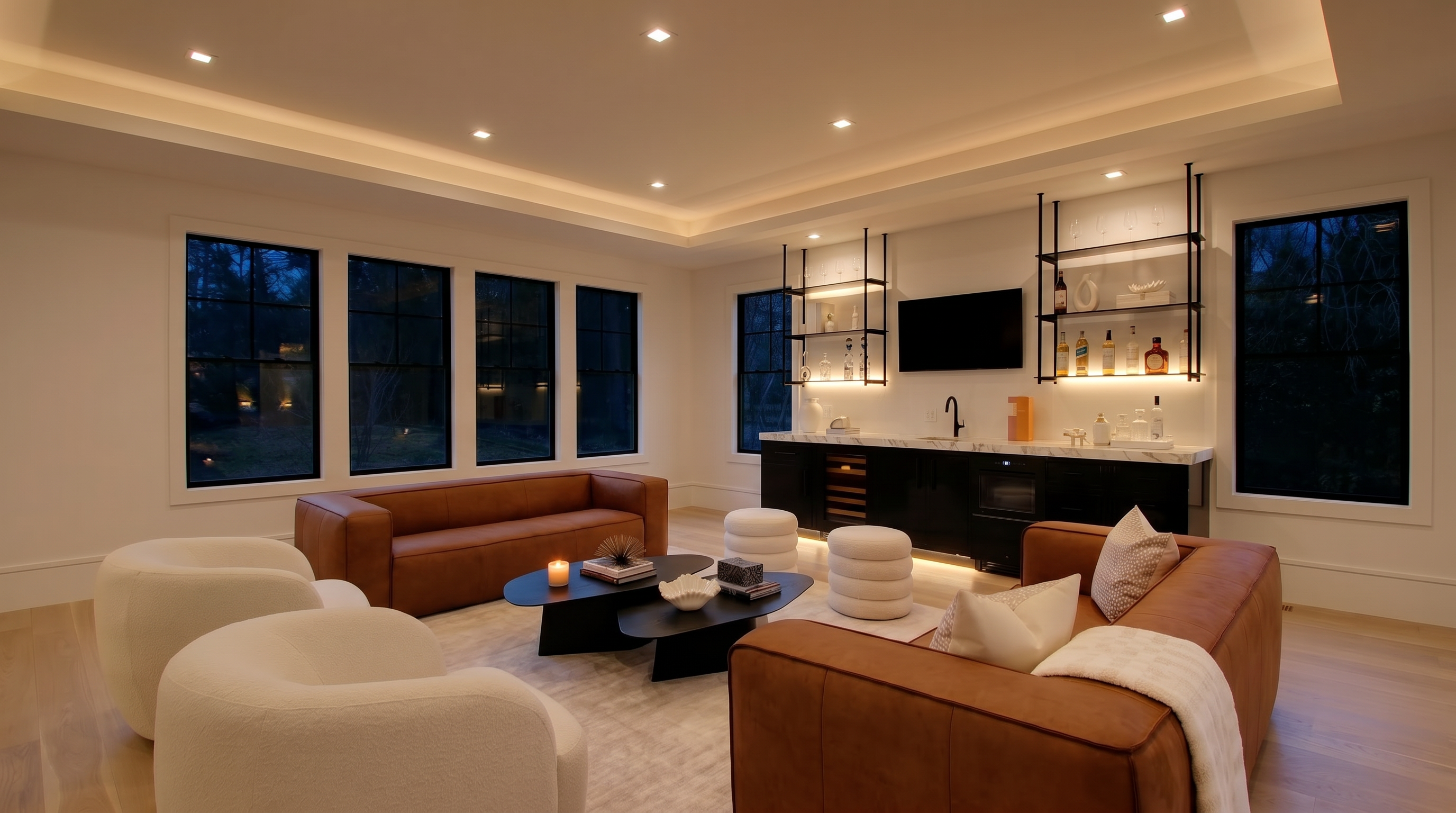 This sophisticated living room features a warm, modern aesthetic with two cognac-colored leather sofas and plush white accent chairs arranged around a dual-tiered black coffee table. A sleek wet bar with black cabinetry, open shelving, and a built-in wine fridge serves as a focal point against the back wall, complemented by large windows that flood the space with natural light. The room is anchored by a light-toned area rug and clean, minimalist decor, creating an inviting and luxurious atmosphere perfect for entertaining.