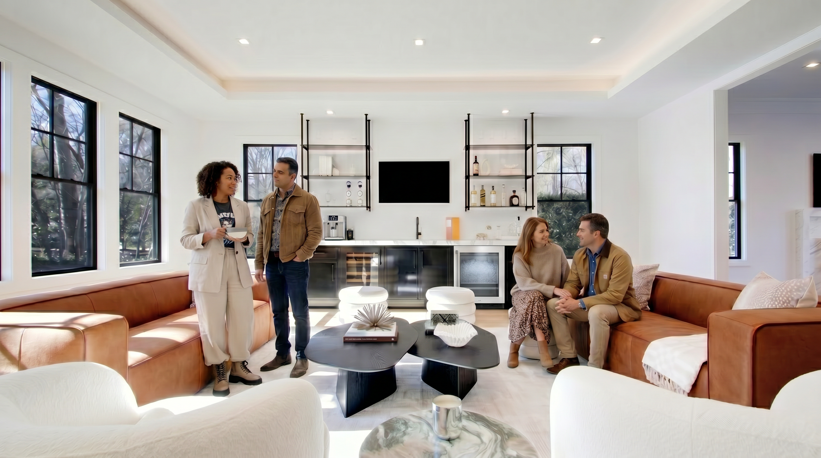 This sophisticated living room features a symmetrical layout with two rich cognac-colored leather sofas facing each other across a pair of sculptural black coffee tables. A central wet bar with black cabinetry, open shelving, and a built-in wine fridge serves as a focal point, flanked by large windows that flood the space with natural light. The room is anchored by plush white armchairs and a neutral area rug, creating a luxurious and inviting atmosphere perfect for entertaining.