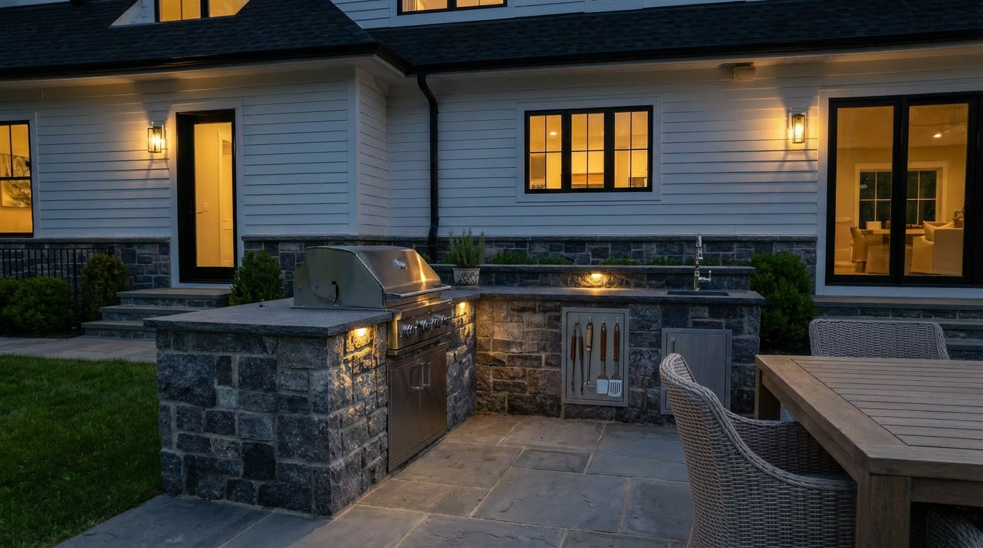 This outdoor living space features a custom-built stone kitchen island complete with a professional-grade stainless steel grill and sink. The patio is constructed of high-quality natural stone pavers and includes a dining area, making it ideal for al fresco entertaining. The area is seamlessly integrated into the back of a beautifully finished home with white siding and stone architectural details.