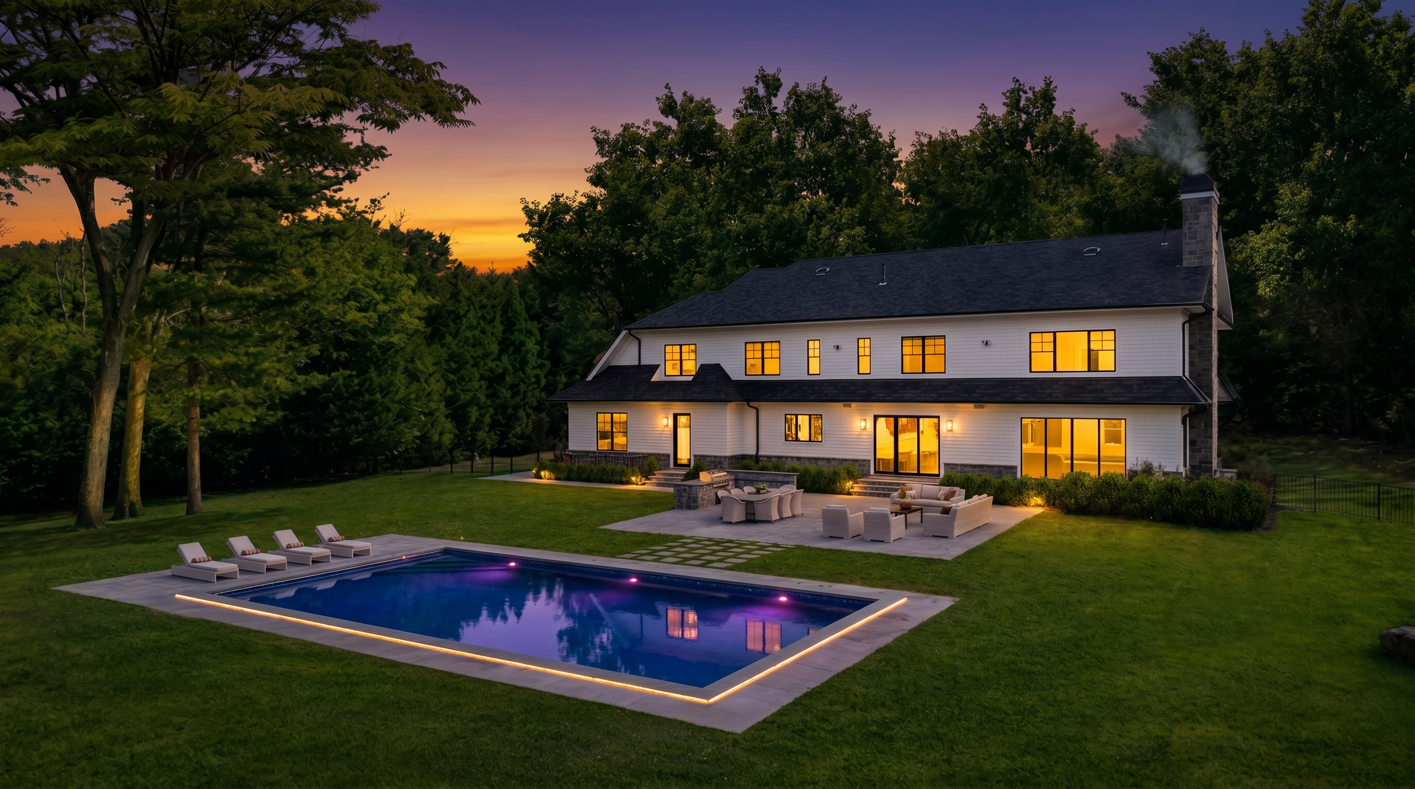 This stunning two-story custom home features a white exterior with a dramatic rear elevation overlooking a beautifully landscaped backyard at twilight. The outdoor space includes a pristine swimming pool, a spacious stone patio with comfortable seating, and an integrated grill area, creating a perfect environment for high-end entertaining. Architectural details like the stone chimney and ambient landscape lighting enhance the luxury appeal of this serene, suburban property.