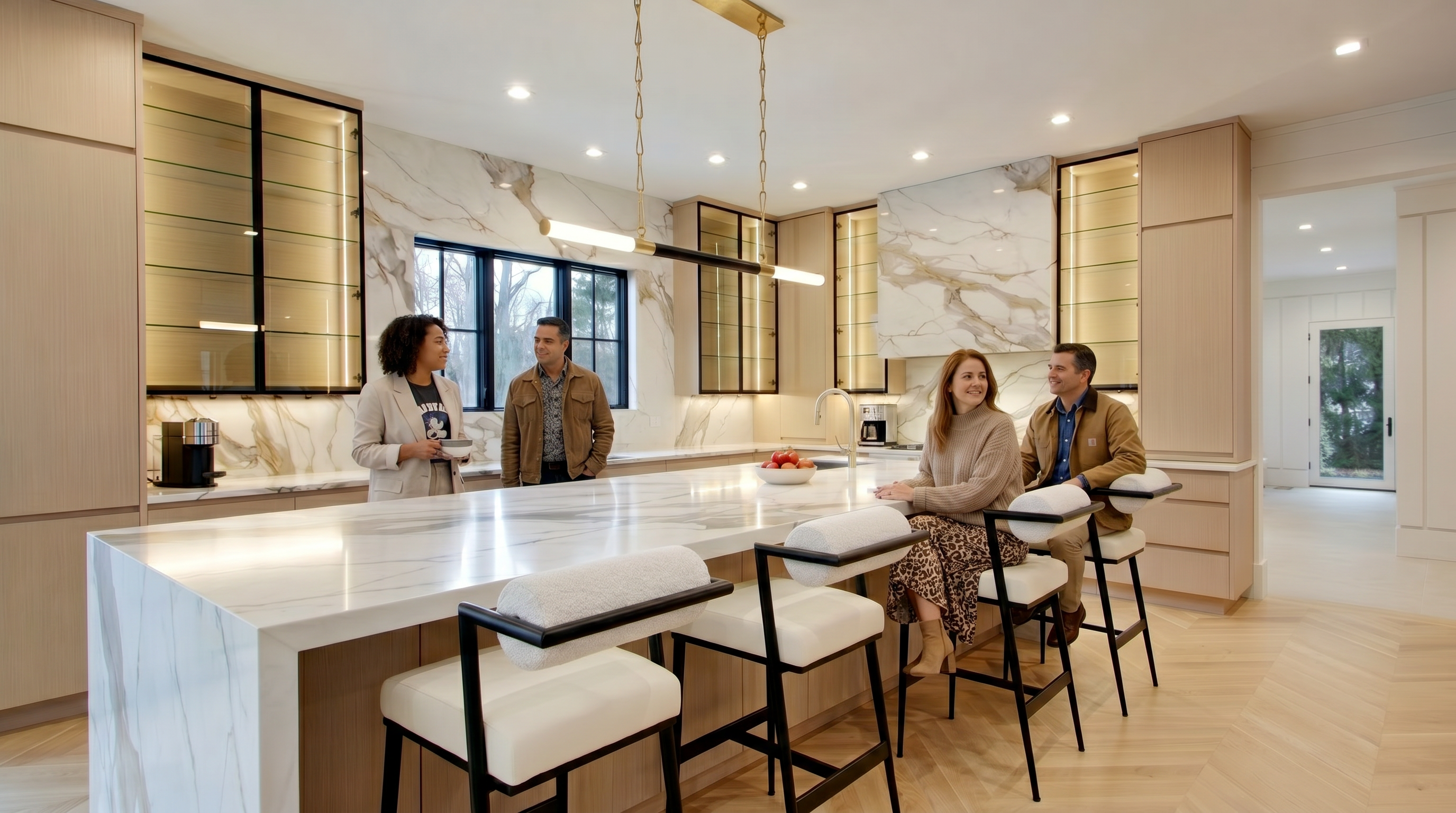 This sophisticated, modern kitchen features a large marble-topped island with three contemporary bar stools, serving as the focal point of the room. The space is defined by light wood cabinetry, elegant gold-accented pendant lighting, and striking marble slab backsplashes that extend to the ceiling. A wide-angle perspective captures the seamless integration of high-end finishes, including glass-fronted illuminated cabinets and a herringbone-patterned hardwood floor, creating a bright and luxurious atmosphere.