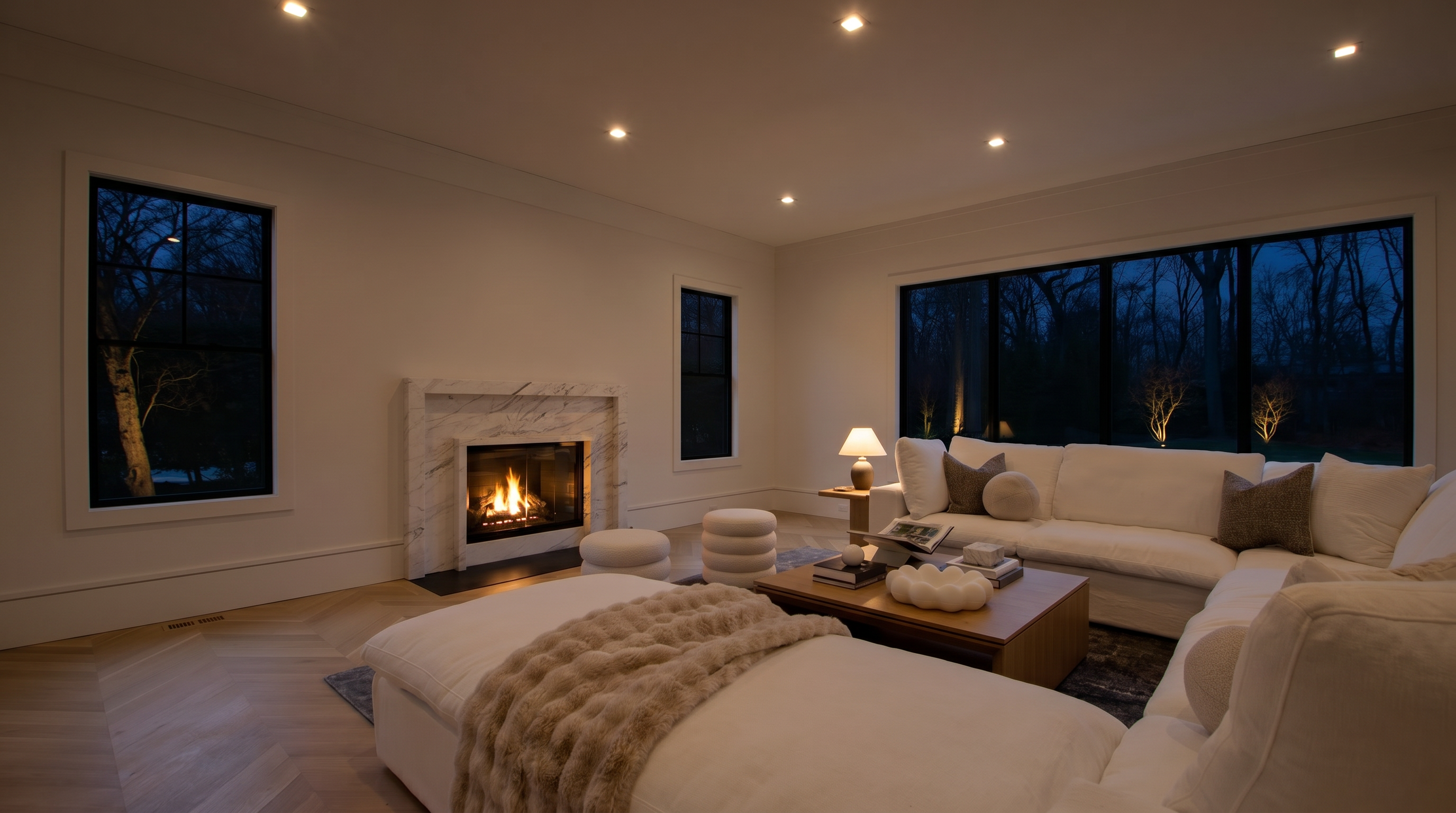 This bright and airy living room features a sophisticated, modern aesthetic with a large white sectional sofa, a marble-surround fireplace, and light-toned herringbone wood flooring. Expansive black-framed windows provide a seamless connection to the outdoors, while recessed lighting and minimalist decor create a clean, inviting atmosphere. The perspective is from the foreground, looking across the plush seating area toward the fireplace and the scenic backyard view.