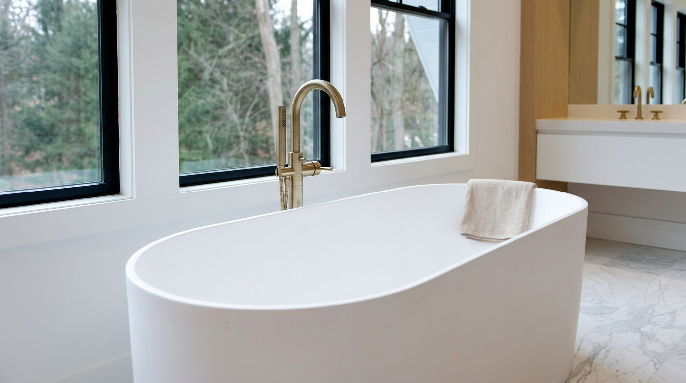This modern primary bathroom features a sleek, freestanding white soaking tub paired with a sophisticated brushed-gold floor-mounted faucet. Large picture windows framed in black provide a serene, wooded view, while a vanity with matching gold hardware is visible in the background against a marble-tiled floor, creating a luxurious and tranquil spa-like atmosphere.