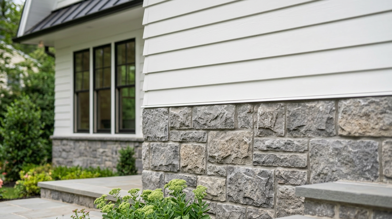 This image highlights the architectural contrast of a modern home, showcasing crisp white horizontal siding transitioning into a textured, high-quality stone veneer foundation. A set of elegant, black-trimmed windows suggests a bright interior space, while the landscaped foreground with stone steps and greenery provides a polished, welcoming curb appeal. The overall aesthetic is sophisticated, blending traditional masonry elements with sleek, contemporary lines.