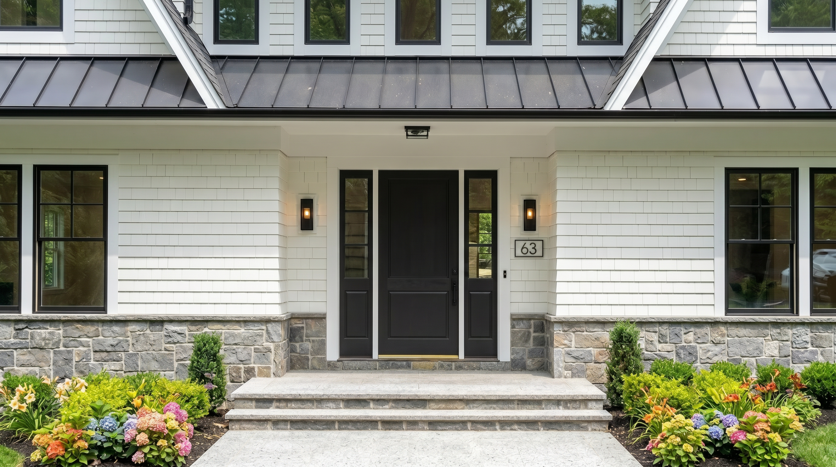 This stunning front entrance features a classic, modern aesthetic with a striking black front door flanked by large windows and elegant lanterns. The exterior is composed of crisp white shingle siding and natural stone masonry, creating a sophisticated and welcoming curb appeal. A refined stone walkway with low steps leads directly to the impeccably maintained entryway, surrounded by vibrant, well-manicured landscaping.