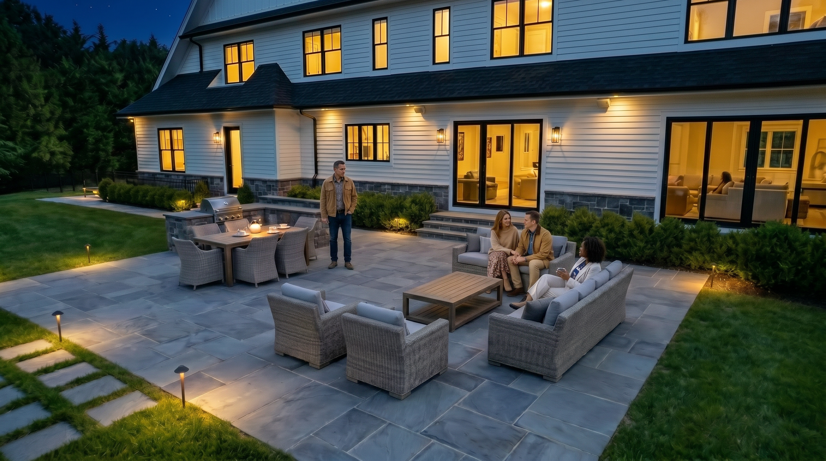 This spacious and well-manicured backyard patio features high-end outdoor furniture, including a dining set with a built-in grill and a cozy lounge area with a sofa and coffee table. The patio is constructed with large, neutral-toned stone pavers and is bordered by lush green landscaping, creating an inviting space for outdoor entertainment. The home boasts a modern farmhouse aesthetic with clean white siding, black window frames, and large glass sliding doors that seamlessly blend indoor and outdoor living.