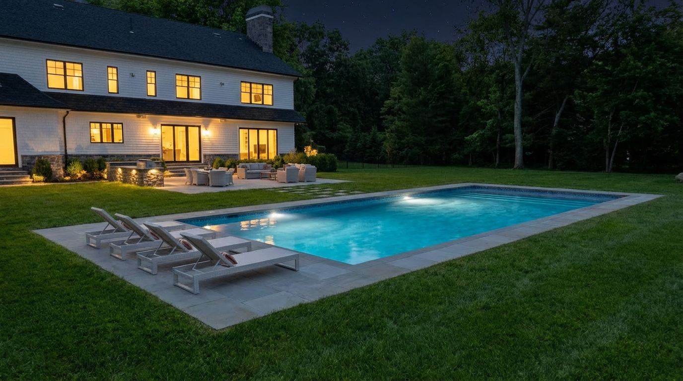 This striking property features a beautifully designed rear exterior with a large custom swimming pool and an expansive stone patio. The white siding and dark trim create a modern architectural aesthetic, perfectly complemented by the lush green lawn and mature trees in the background. The setup offers an ideal space for outdoor entertaining and leisure.