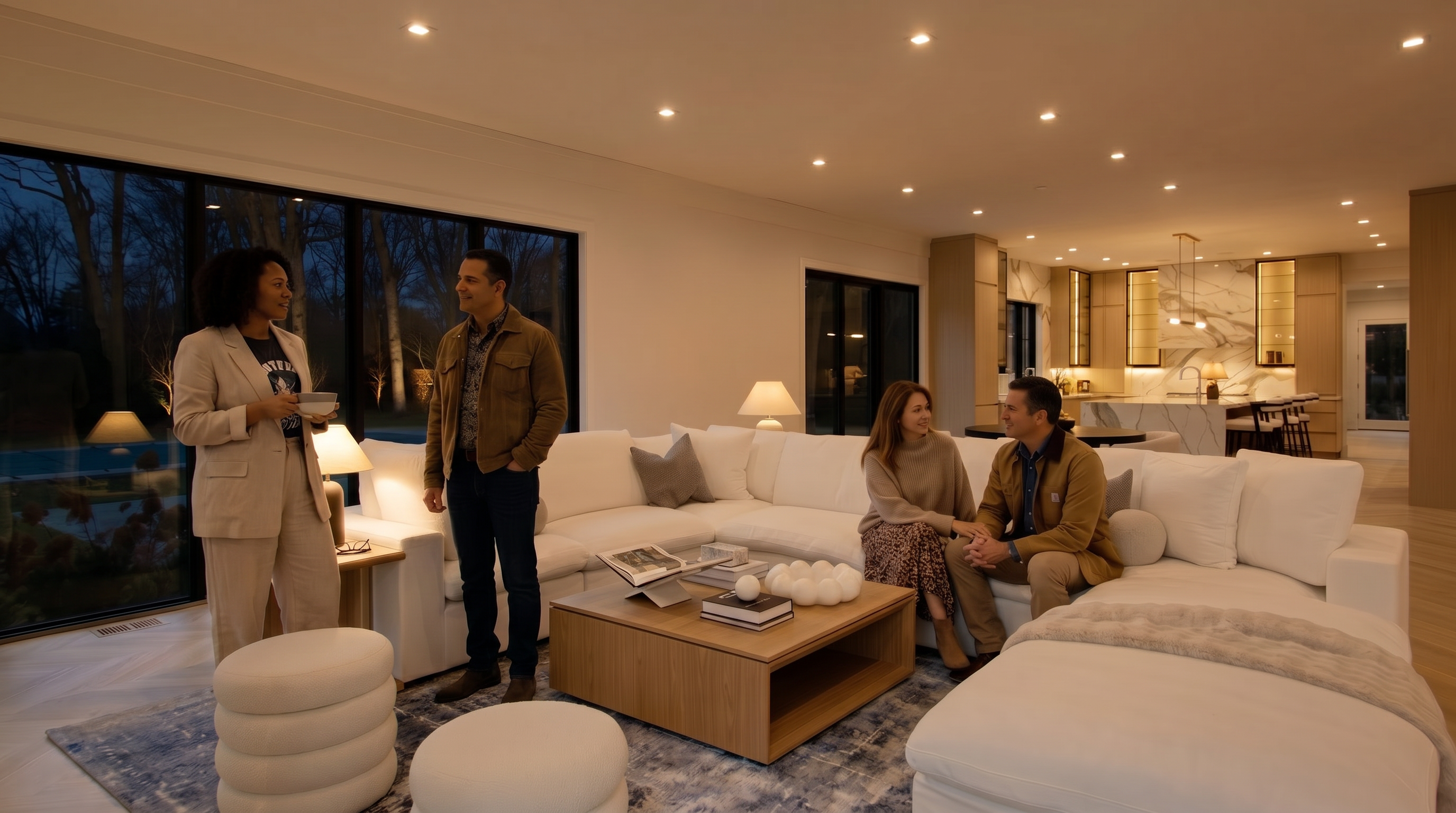 This spacious, open-concept living room features a large, plush white sectional sofa centered on a textured blue and grey area rug, complemented by a light wood coffee table and two matching round ottomans. The room is bathed in natural light from expansive floor-to-ceiling windows that offer a serene view of the backyard, while the light herringbone hardwood floors and neutral walls create a bright, airy, and sophisticated atmosphere. The perspective captures the seamless flow from the cozy seating area into the modern, high-end kitchen in the background, emphasizing the home's open and inviting layout.
