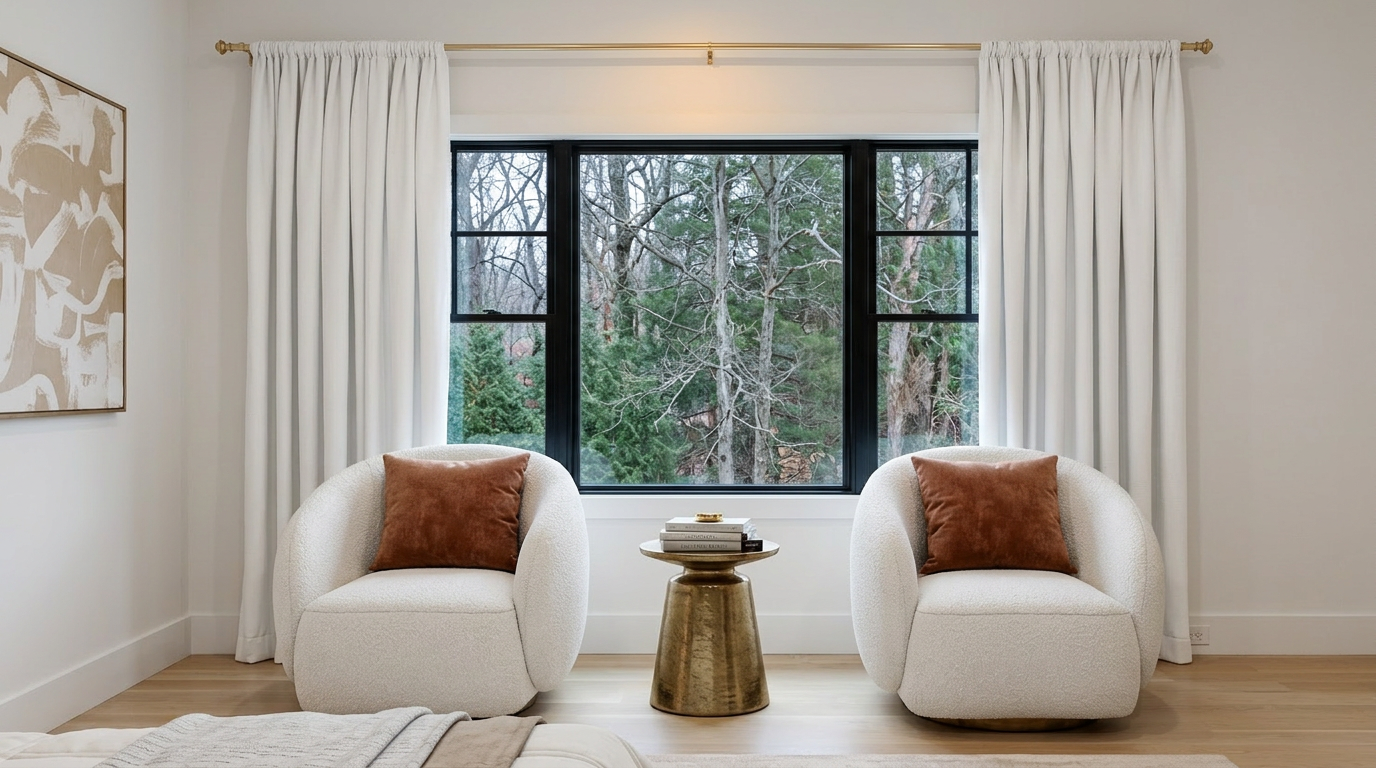 This tranquil seating area features two plush, cream-colored bouclé armchairs accented with rich, rust-toned throw pillows. Centered between the chairs is a modern brass side table topped with a small stack of books, all set against a large window with black frames and white, floor-to-ceiling curtains. The room maintains a sophisticated, neutral aesthetic that feels both inviting and luxurious.