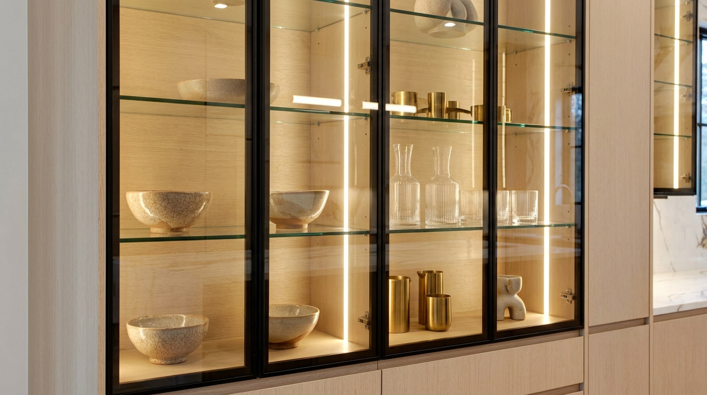 This image showcases a sophisticated, built-in glass-front display cabinetry unit designed for a modern kitchen. The unit features integrated vertical LED lighting that illuminates elegant ceramic bowls, glassware, and brass accents, creating a high-end, curated aesthetic. The light wood finish and clean lines emphasize a contemporary and luxurious design style.