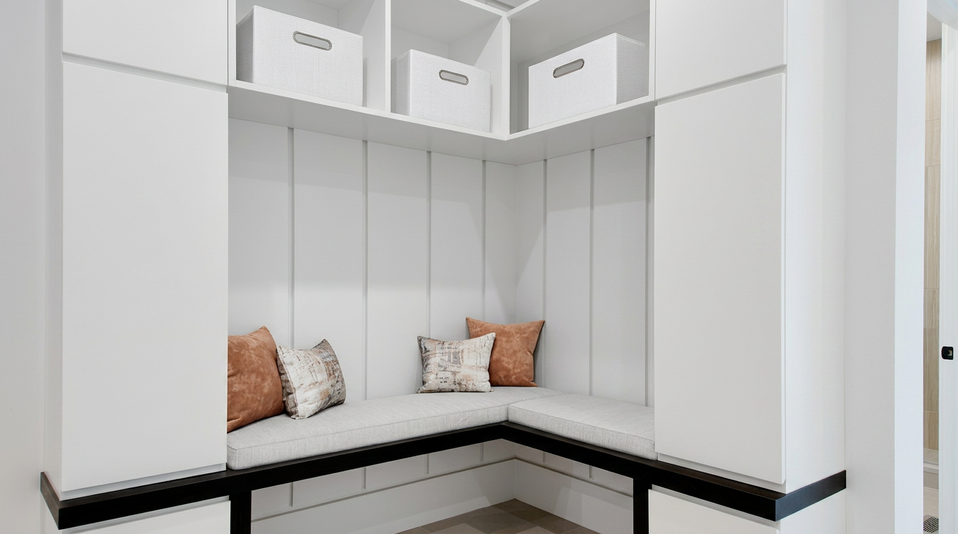 This built-in mudroom nook features custom white cabinetry and a corner bench seat with light gray cushions. The space is accented by four decorative throw pillows and three coordinating storage baskets on the upper shelf. The clean, modern aesthetic is emphasized by the vertical shiplap detailing and contrasting dark trim, making it a functional and stylish entryway or transition area.