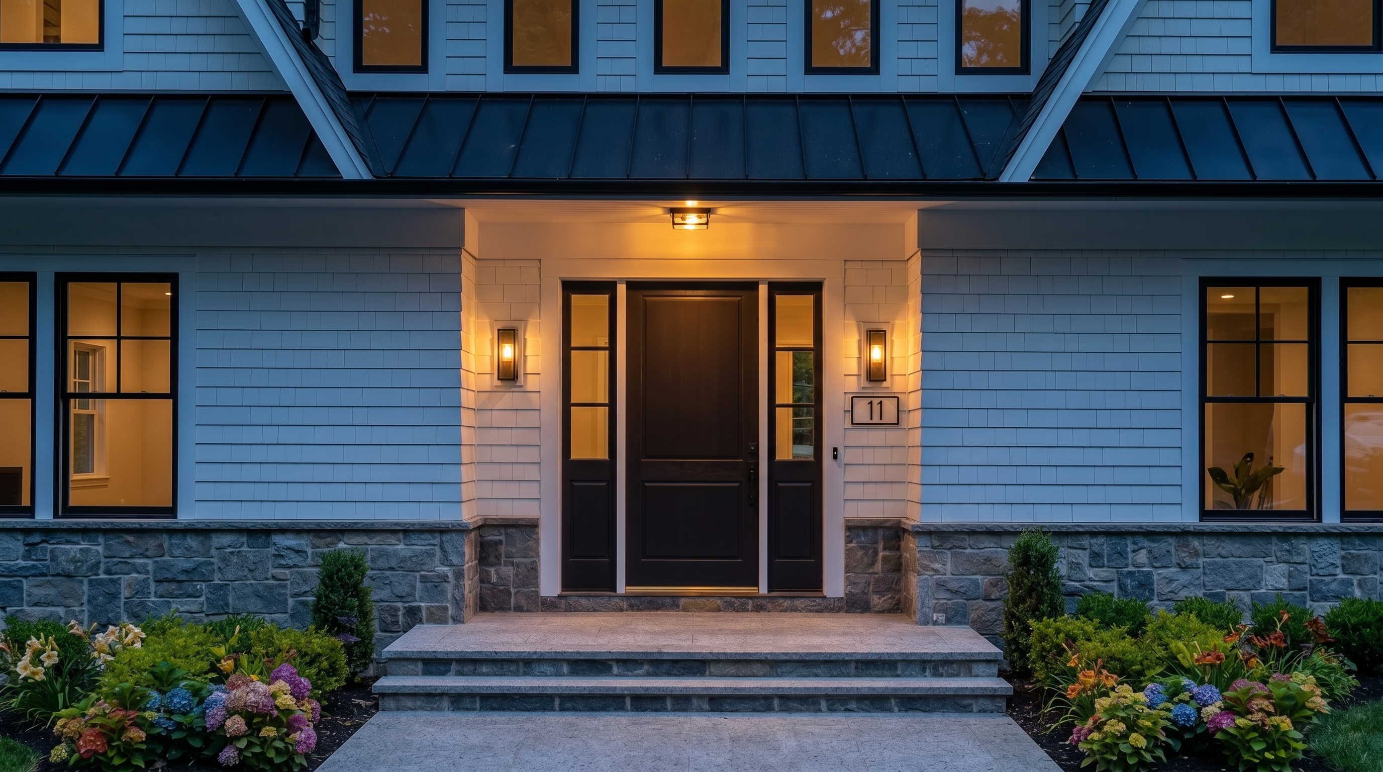 This elegant front entryway features a stately dark wood door flanked by sidelights, illuminated by warm, inviting porch sconces. The home showcases a sophisticated blend of white shake siding, a striking metal roof, and a sturdy stone foundation, creating a high-end, transitional aesthetic. The meticulously landscaped garden and clean, stone-stepped path enhance the home's impressive curb appeal.