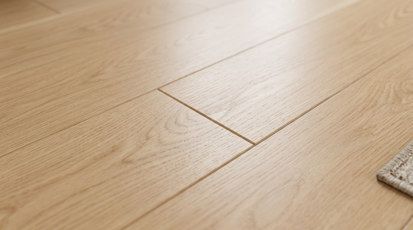 The image highlights high-quality light-toned hardwood flooring with a clear, natural wood grain pattern. The planks are installed with precision, showcasing clean seams that emphasize a modern, minimalist aesthetic. This type of flooring is a desirable feature in real estate, offering versatility and durability for various interior design styles.