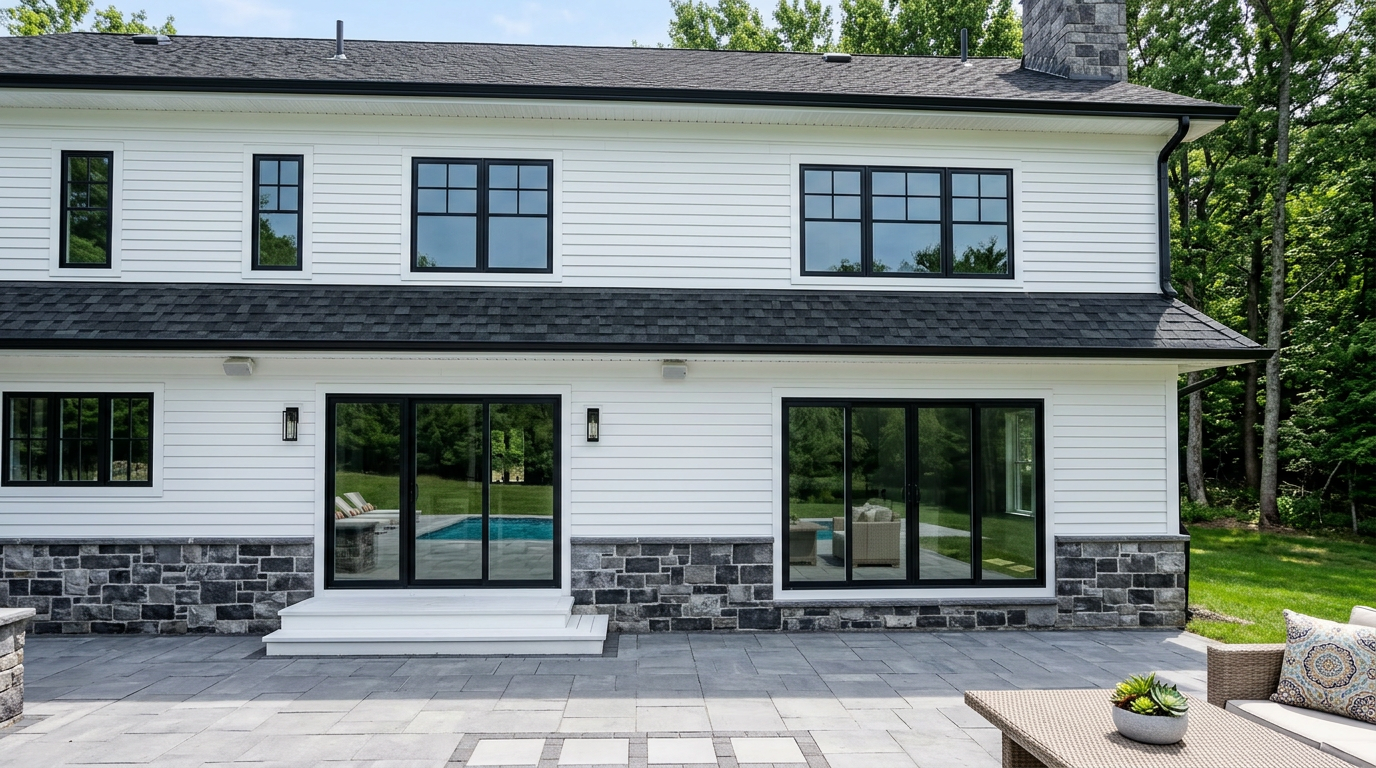 This modern farmhouse-style rear exterior features crisp white horizontal siding contrasted by dark-framed windows and a stone veneer foundation. The wide patio space includes dual sets of large sliding glass doors leading to the home's interior and a view of a backyard swimming pool. The overall impression is one of high-end, contemporary living perfectly suited for outdoor entertaining.