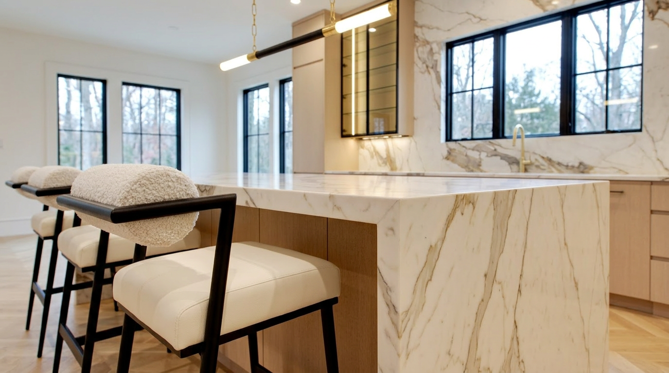 This sleek and modern kitchen island features a luxurious waterfall edge with white veined marble and warm wood accents. The space is complemented by elegant barrel-back bar stools with cream-colored upholstery and dark metal frames, set against high-end cabinetry and herringbone flooring. The entire area is illuminated by sophisticated linear pendant lighting, creating an upscale and inviting atmosphere suitable for a luxury home.