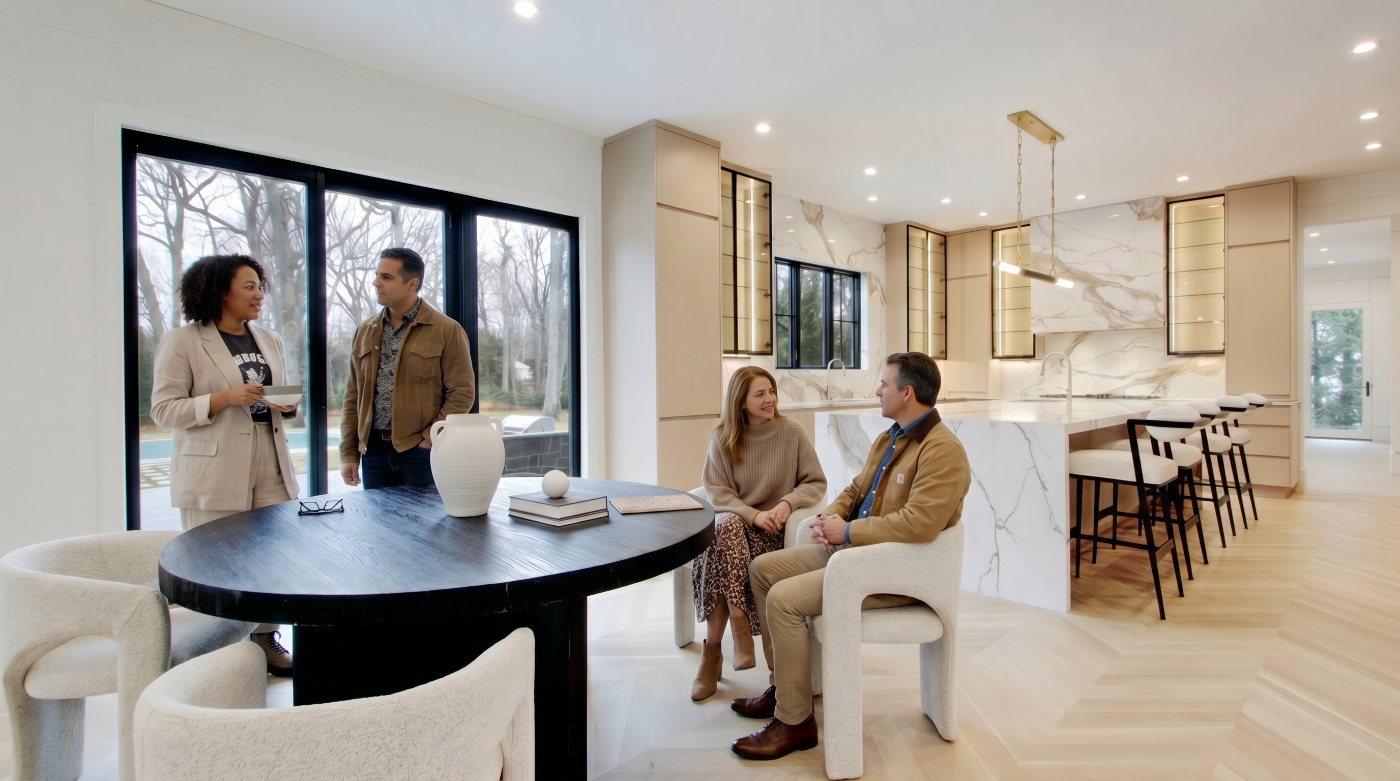 This sophisticated, open-concept kitchen features a stunning marble waterfall island, light wood cabinetry, and elegant herringbone hardwood flooring. A circular dining table with modern textured chairs sits in the foreground, while large floor-to-ceiling windows provide a seamless connection to the outdoor landscape. The space is illuminated by warm recessed lighting and a sleek, contemporary pendant fixture, creating a bright and luxurious atmosphere.