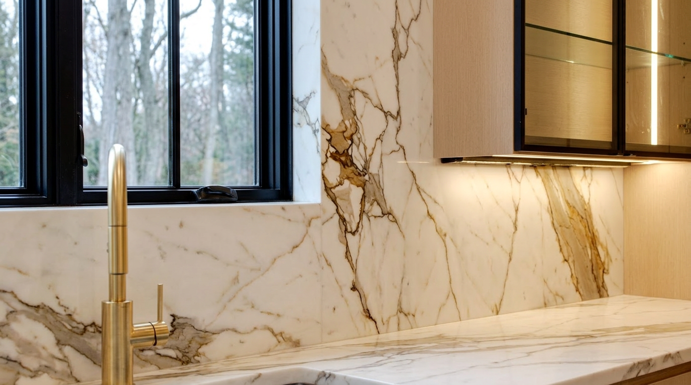 This sophisticated kitchen space features striking Calacatta marble backsplash and countertops with dramatic gold and grey veining. A sleek brass faucet provides a luxurious accent against the natural stone, while under-cabinet LED lighting highlights the warm wood tones of the adjacent cabinetry. The design exudes a modern, high-end aesthetic perfect for a contemporary home.