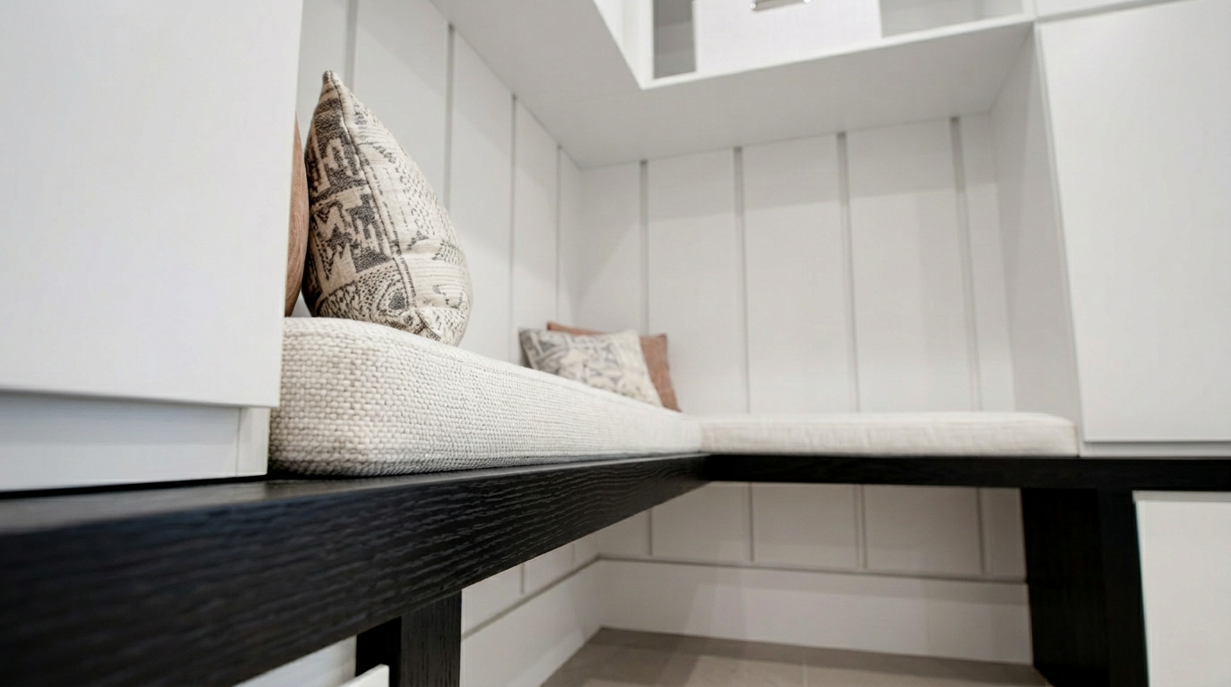 This image highlights a custom built-in L-shaped bench seat that serves as a functional nook. The piece features a dark wood frame topped with light-colored, textured cushioning and accent pillows, set against white vertical paneled walls. It creates a stylish and inviting seating corner that emphasizes clean lines and modern design.