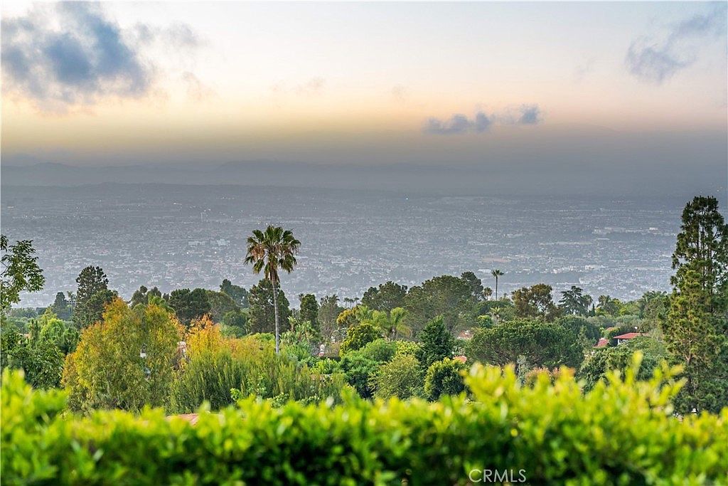 This image captures a sweeping, elevated panoramic view of a lush, green landscape overlooking a sprawling city in the distance. In the foreground, a vibrant, manicured hedge frames the scene, leading the eye toward a variety of mature trees and foliage. The soft, golden light of either sunrise or sunset casts a serene glow over the horizon, creating a peaceful and expansive atmosphere.